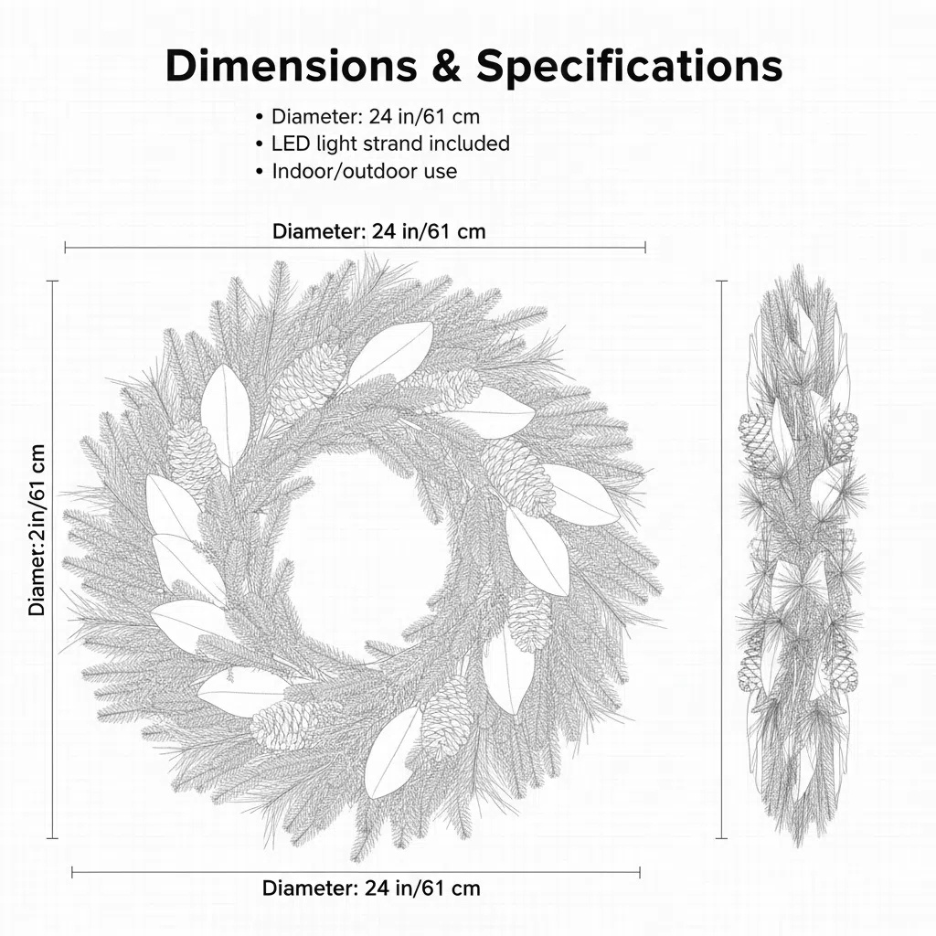 24in. Mixed Pine Artificial Christmas Wreath with 70 Clear LED Lights and Pinecones