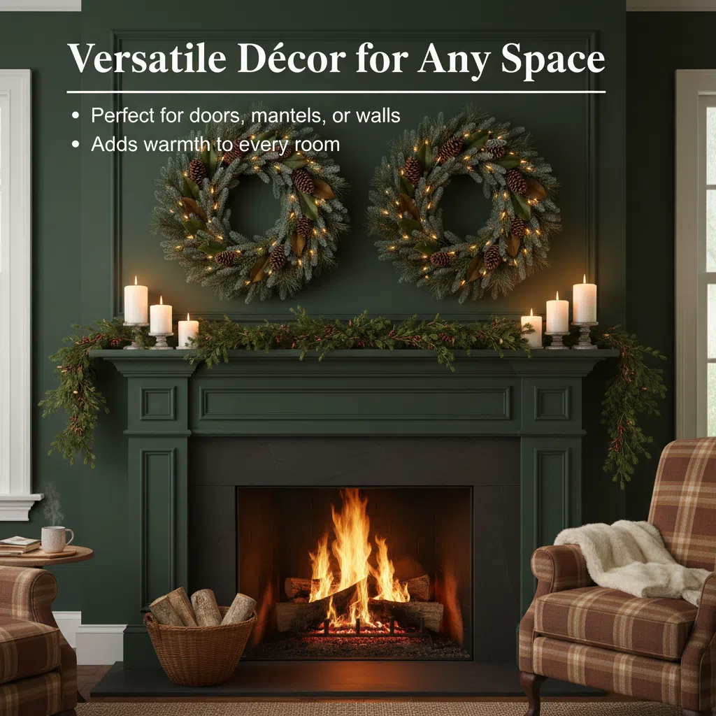 24in. Mixed Pine Artificial Christmas Wreath with 70 Clear LED Lights and Pinecones