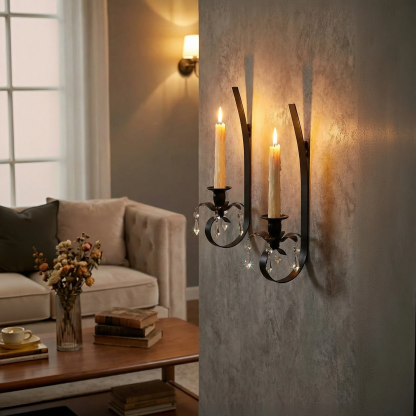 Black Metal Wall Candle Sconces with Crystal Pendant