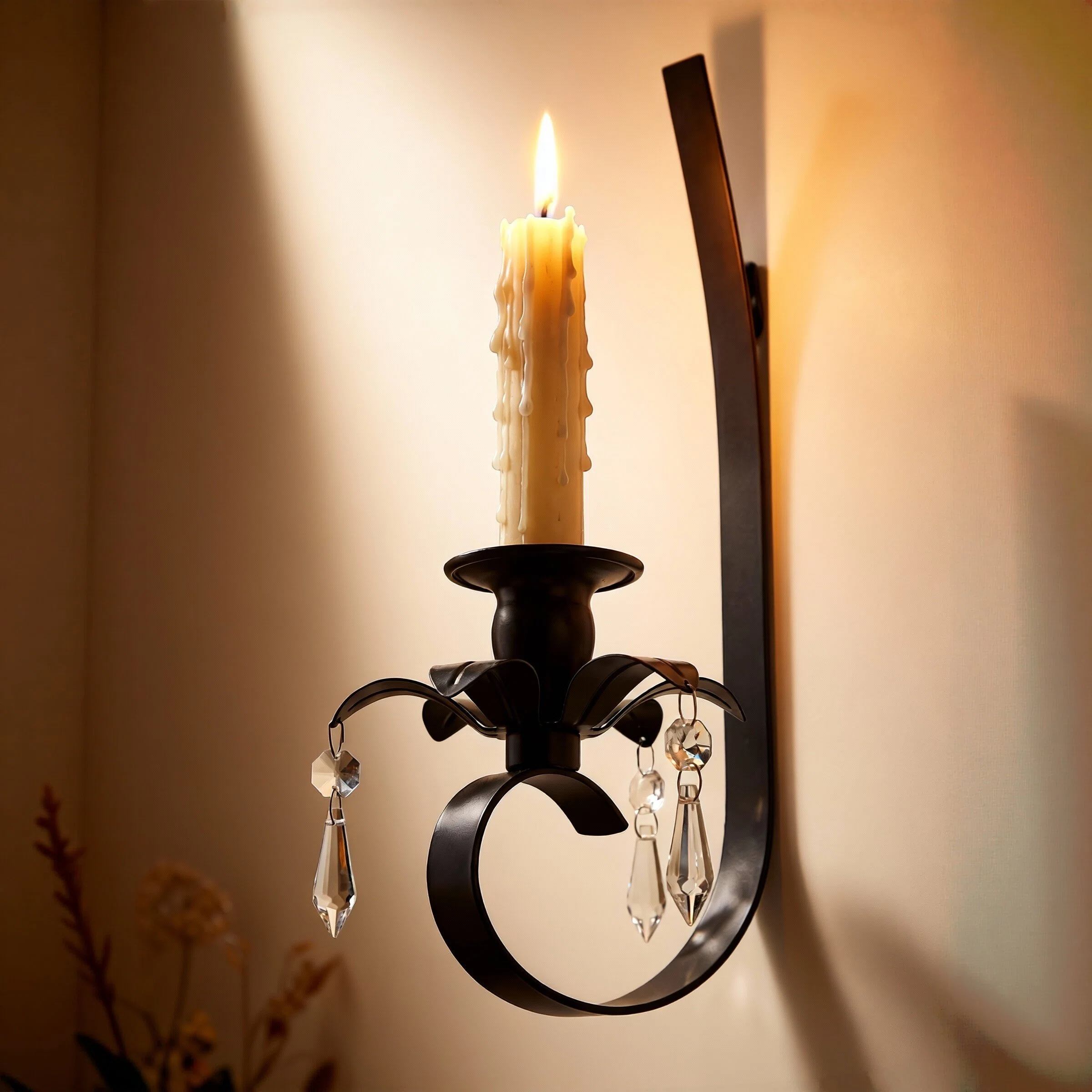Black Metal Wall Candle Sconces with Crystal Pendant
