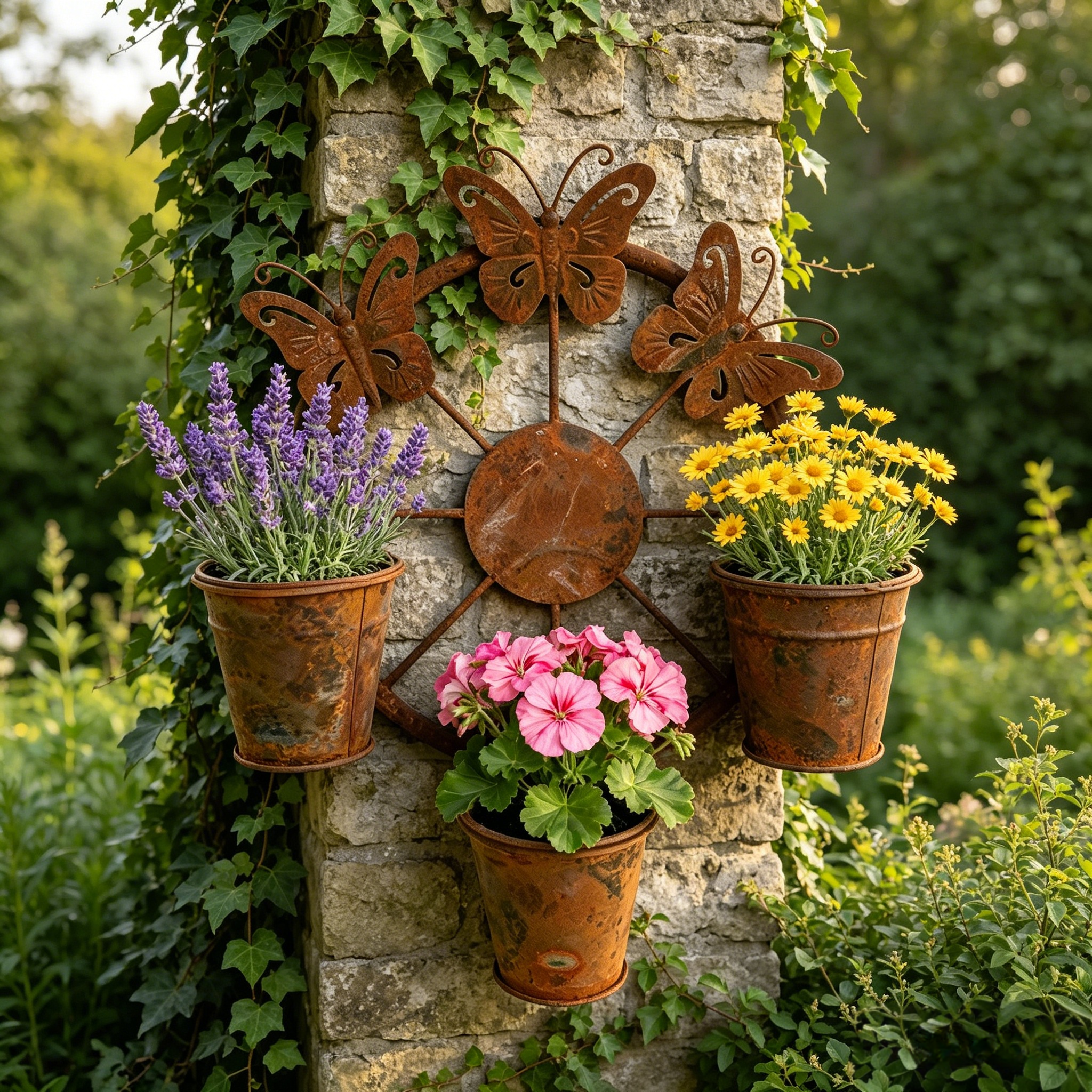Vintage Distressed Metal Butterfly Wagon Wheel Wall Planter