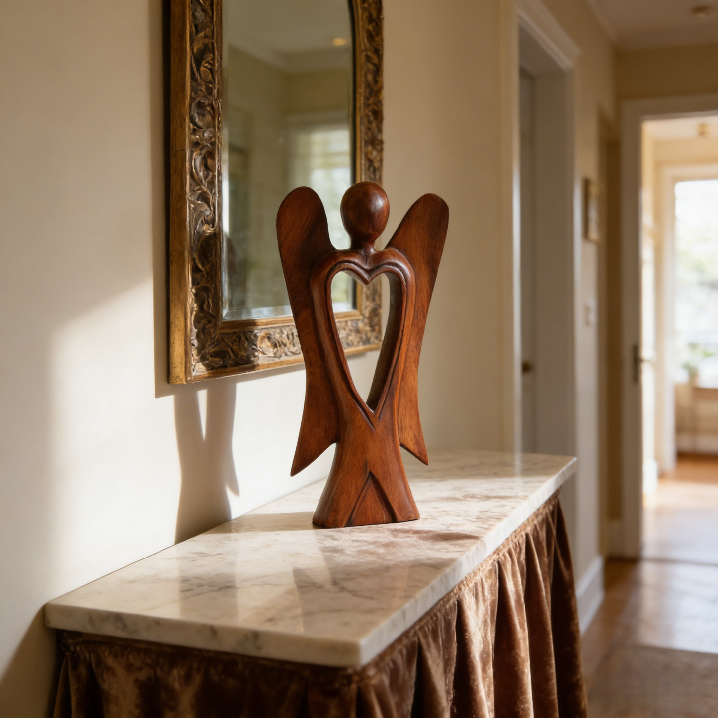 Handmade Wood Figurine of Angel with Heart Feature