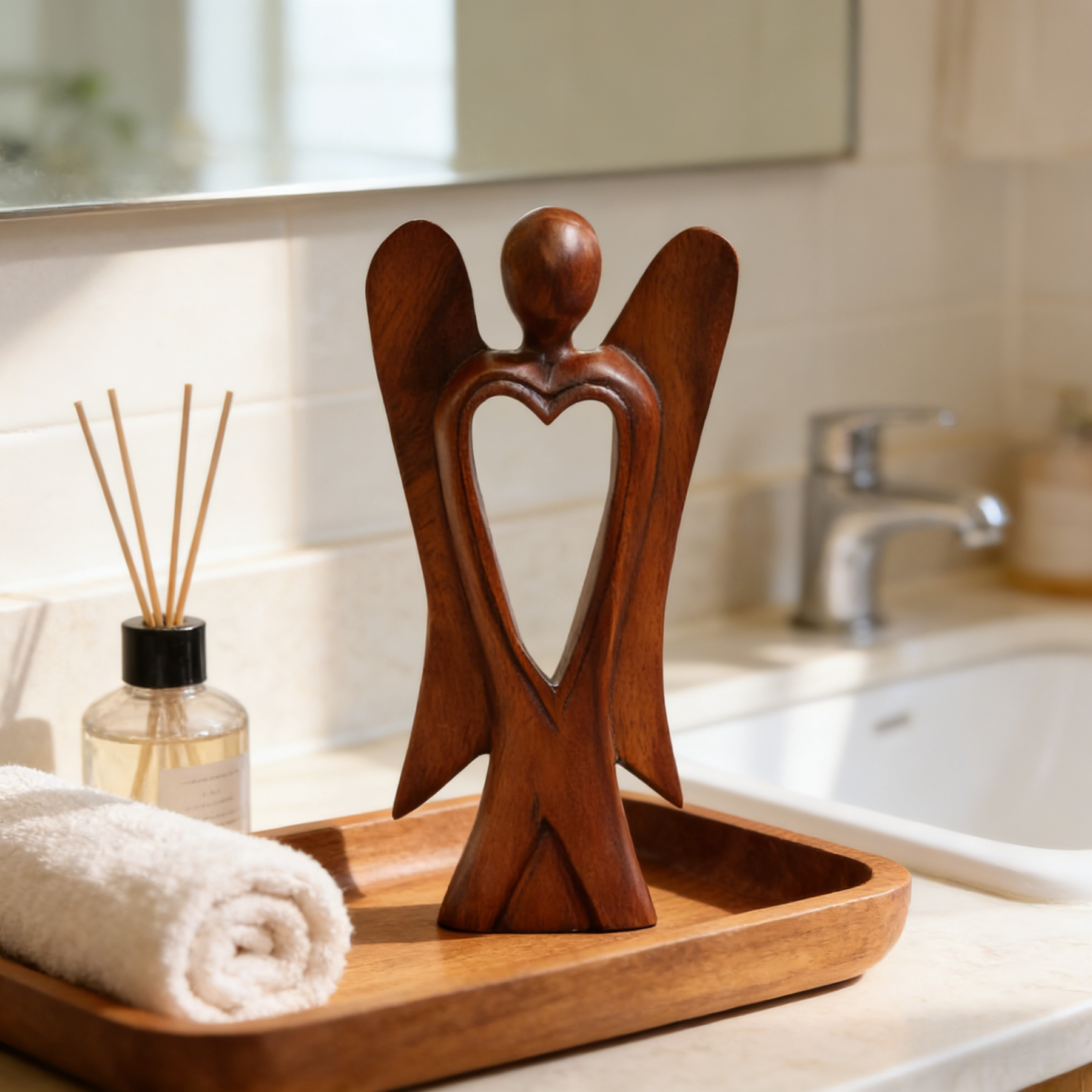 Handmade Wood Figurine of Angel with Heart Feature