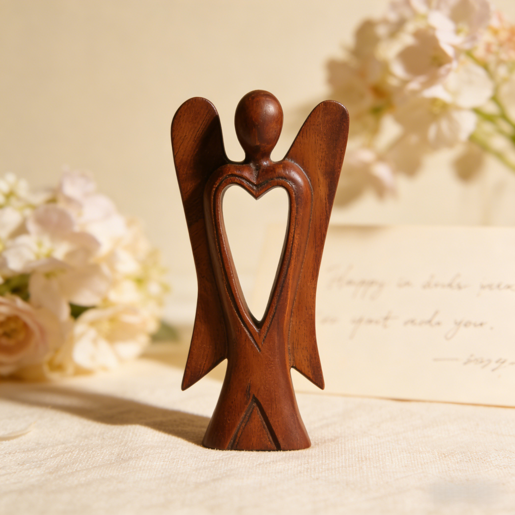 Handmade Wood Figurine of Angel with Heart Feature