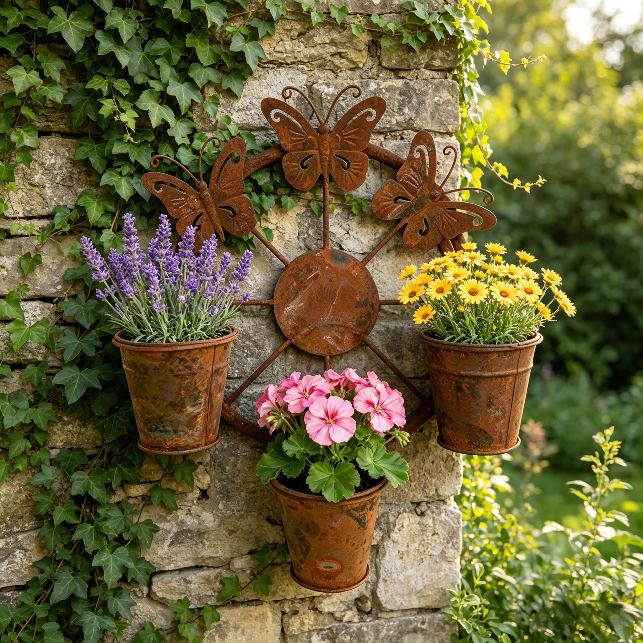 Vintage Distressed Metal Butterfly Wagon Wheel Wall Planter