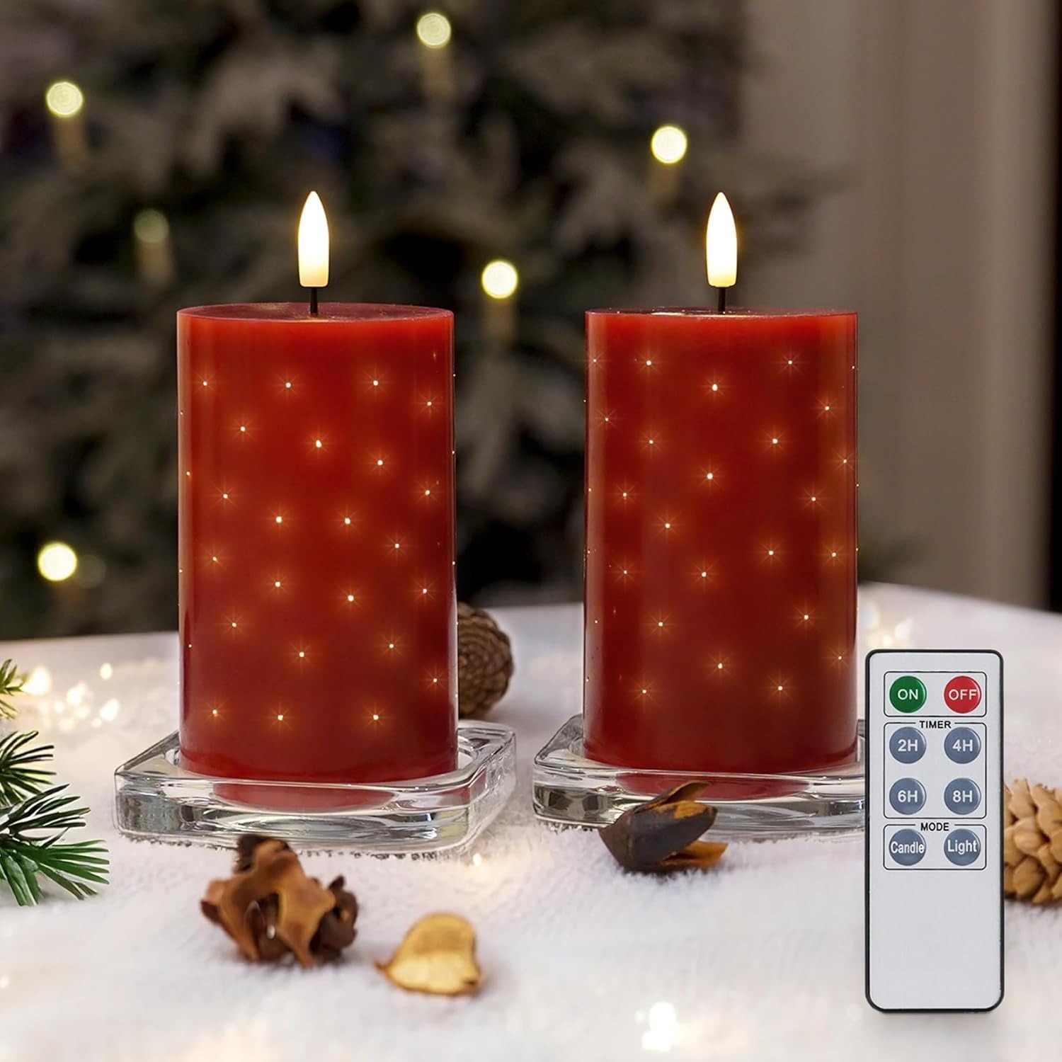 Red Real Wax LED Candles with Twinkle Fiber Optic Lights