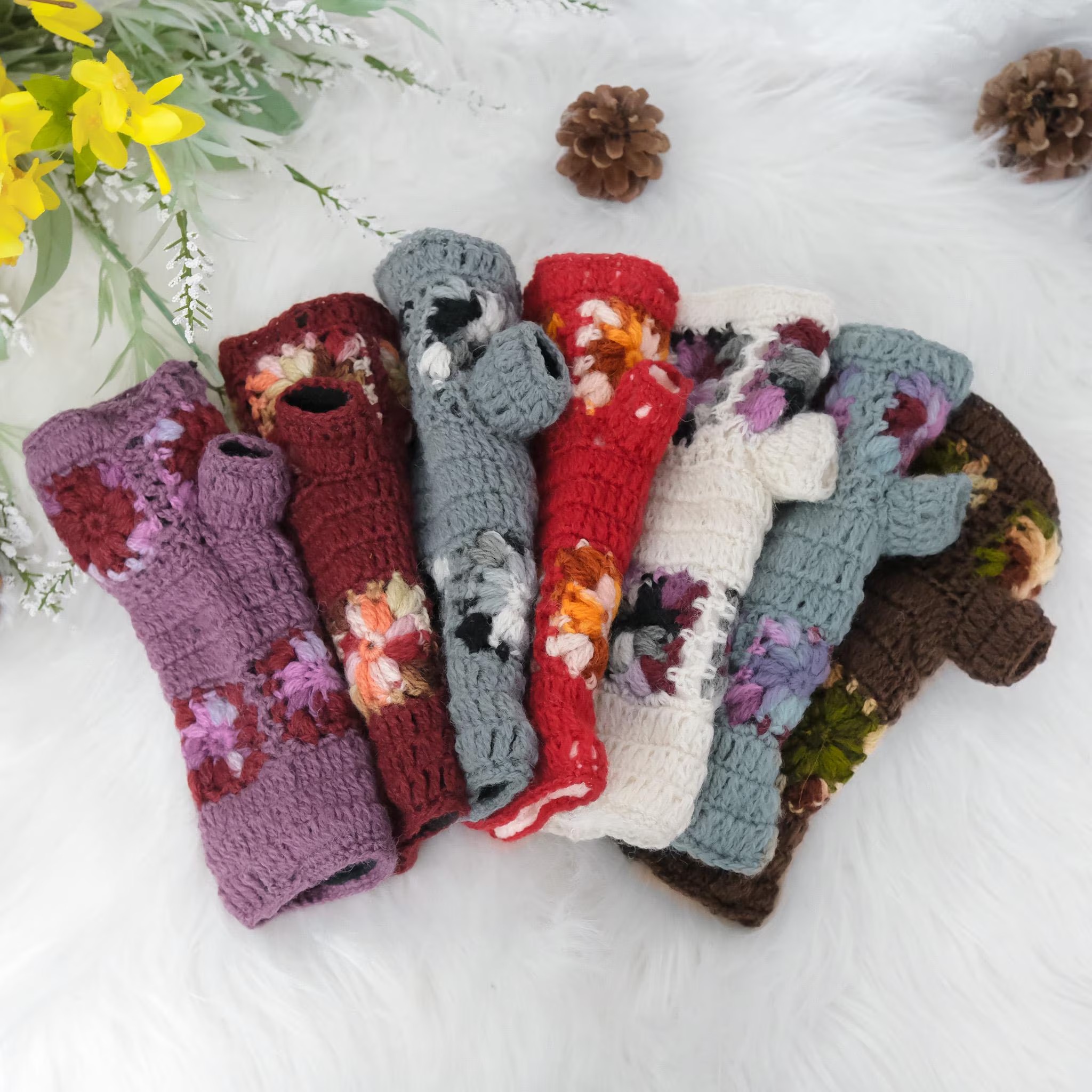 Handknit Crochet Flower Design Handwarmers/Fingerless Gloves with Fleece Lining