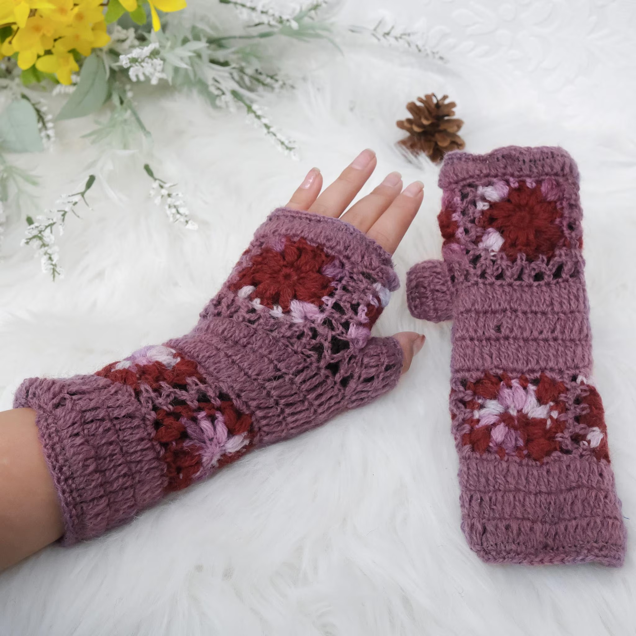 Handknit Crochet Flower Design Handwarmers/Fingerless Gloves with Fleece Lining