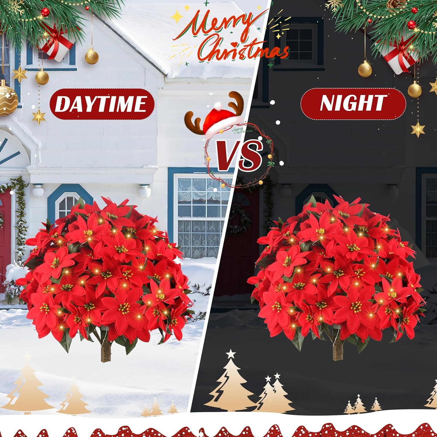Artificial Poinsettias Topiary Ball Tree with Ground Spike Boxwood