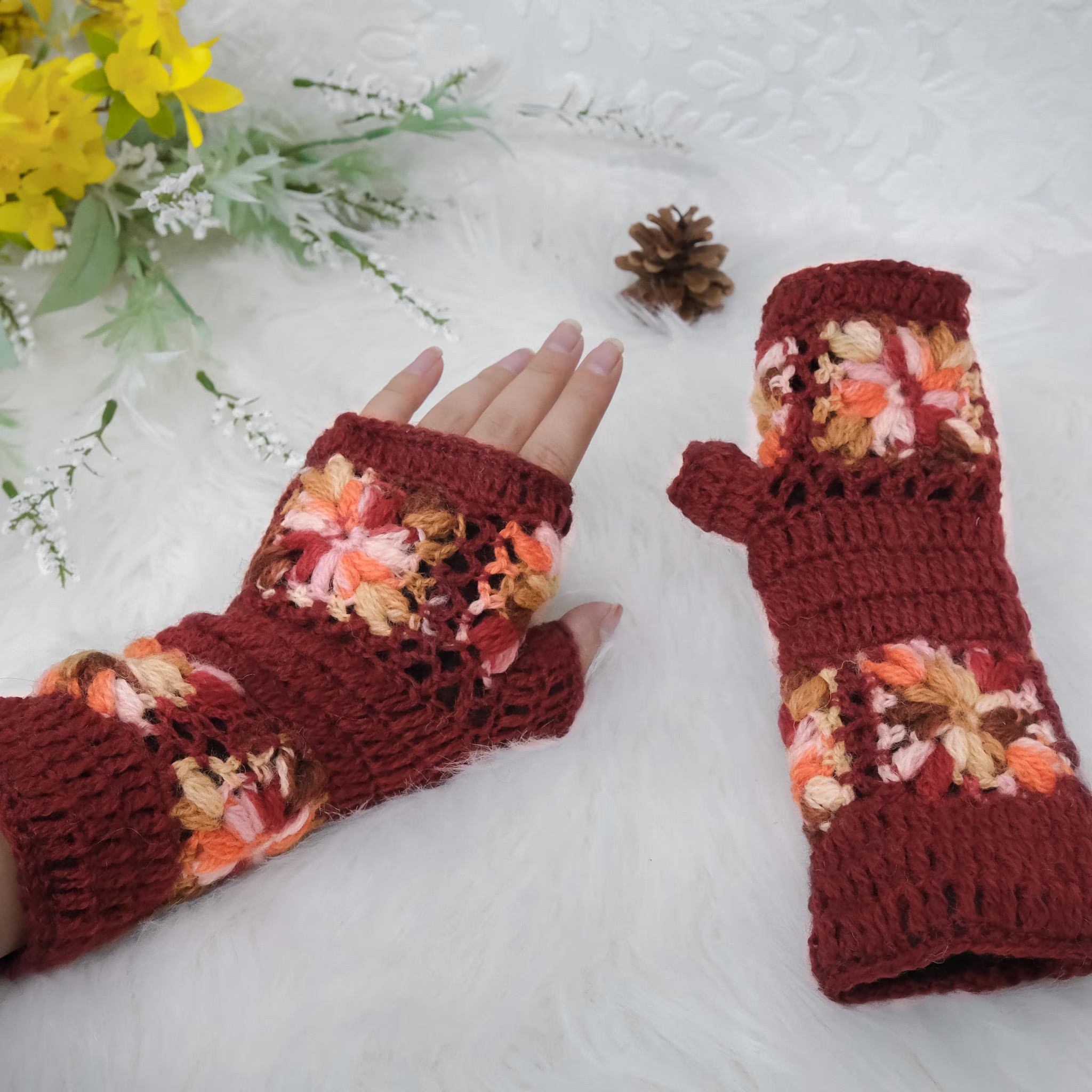 Handknit Crochet Flower Design Handwarmers/Fingerless Gloves with Fleece Lining