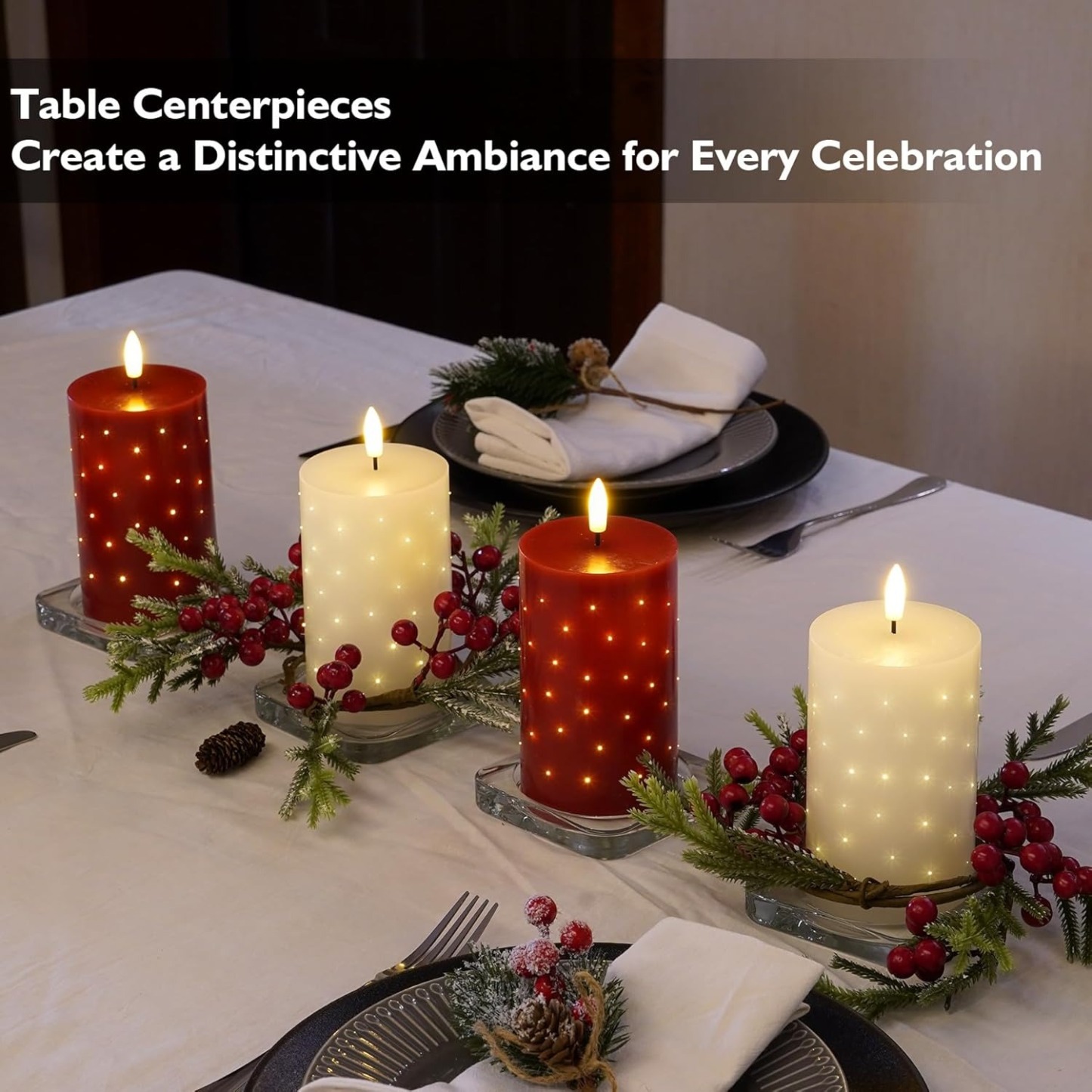 Red Real Wax LED Candles with Twinkle Fiber Optic Lights