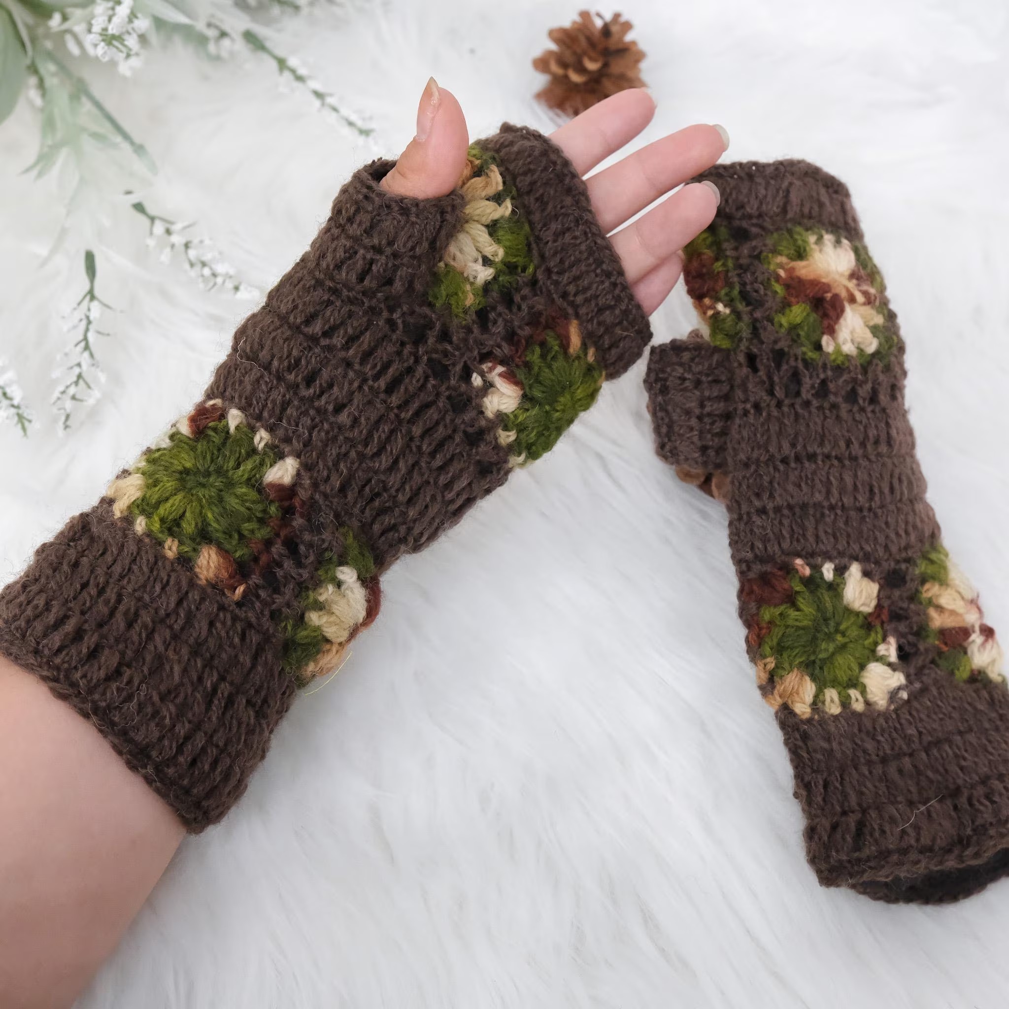 Handknit Crochet Flower Design Handwarmers/Fingerless Gloves with Fleece Lining