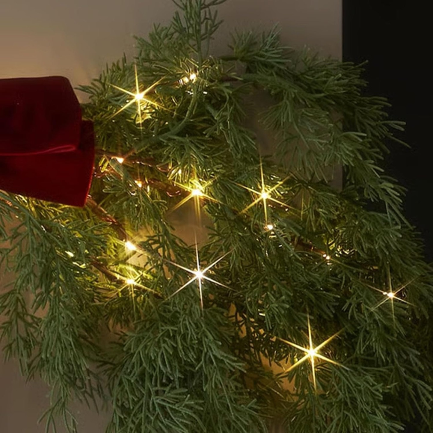 Lighted Cedar Pine Swag with Velvet Bow, Battery Operated with Timer 60 LED Fairy Lights