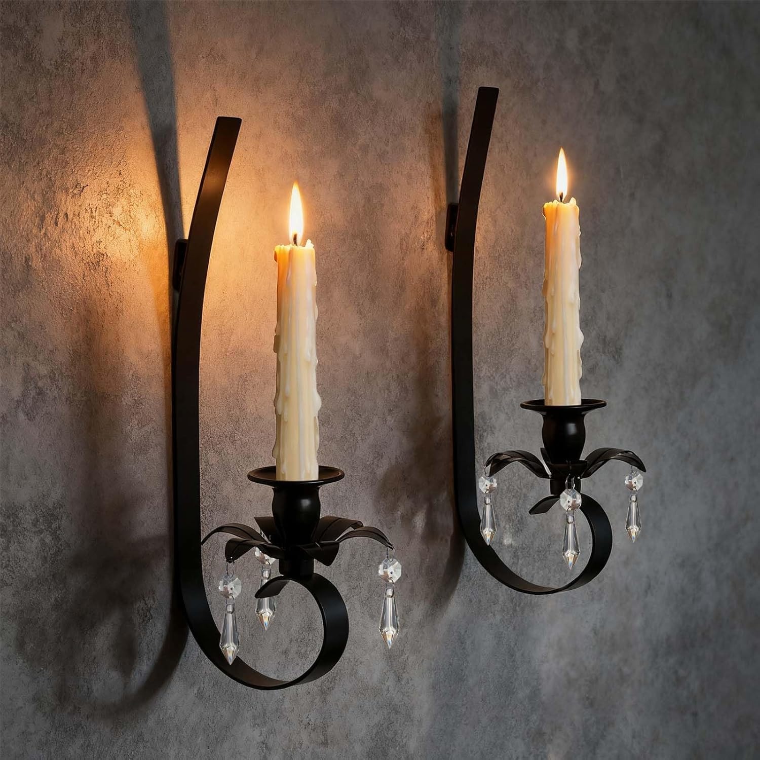 Black Metal Wall Candle Sconces with Crystal Pendant