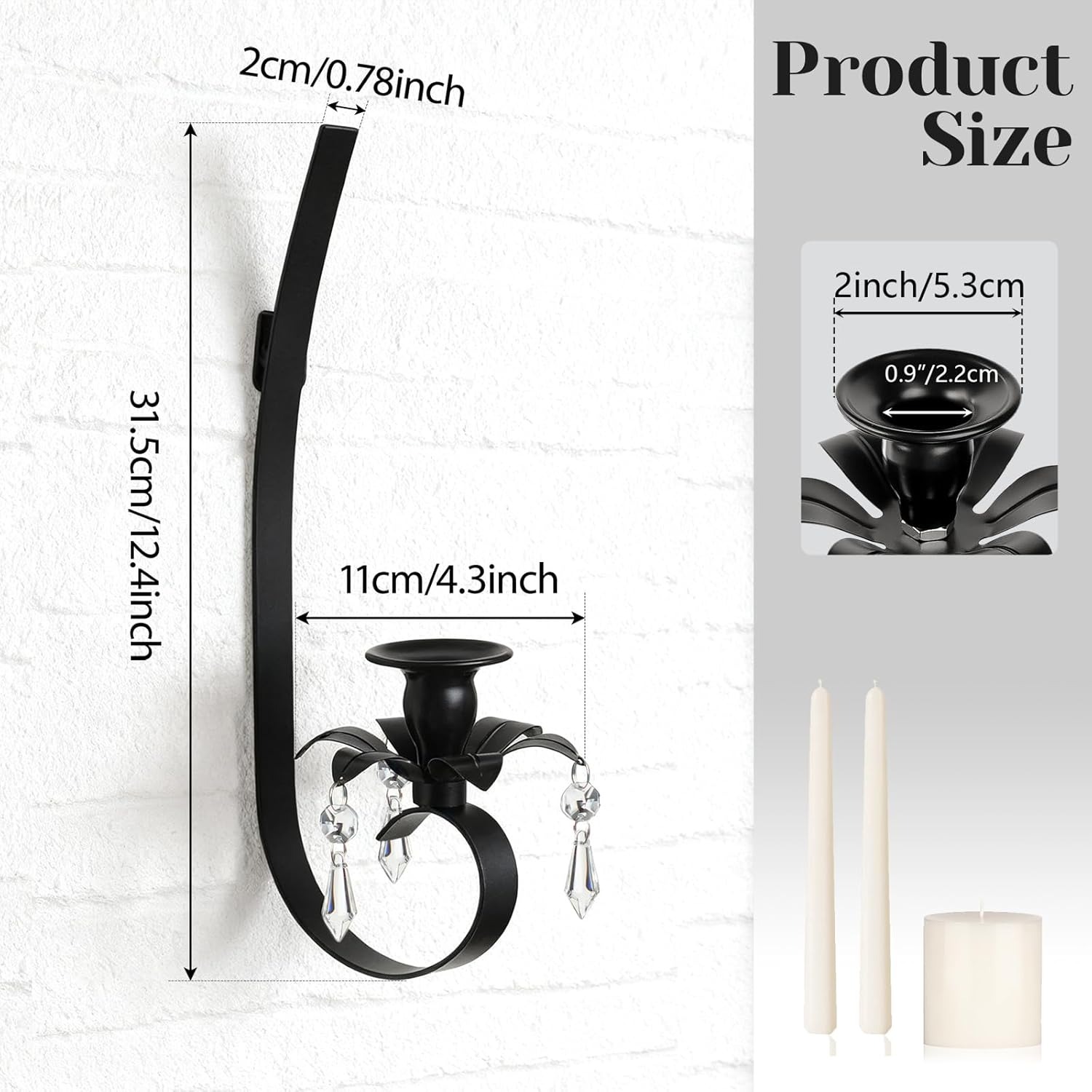 Black Metal Wall Candle Sconces with Crystal Pendant