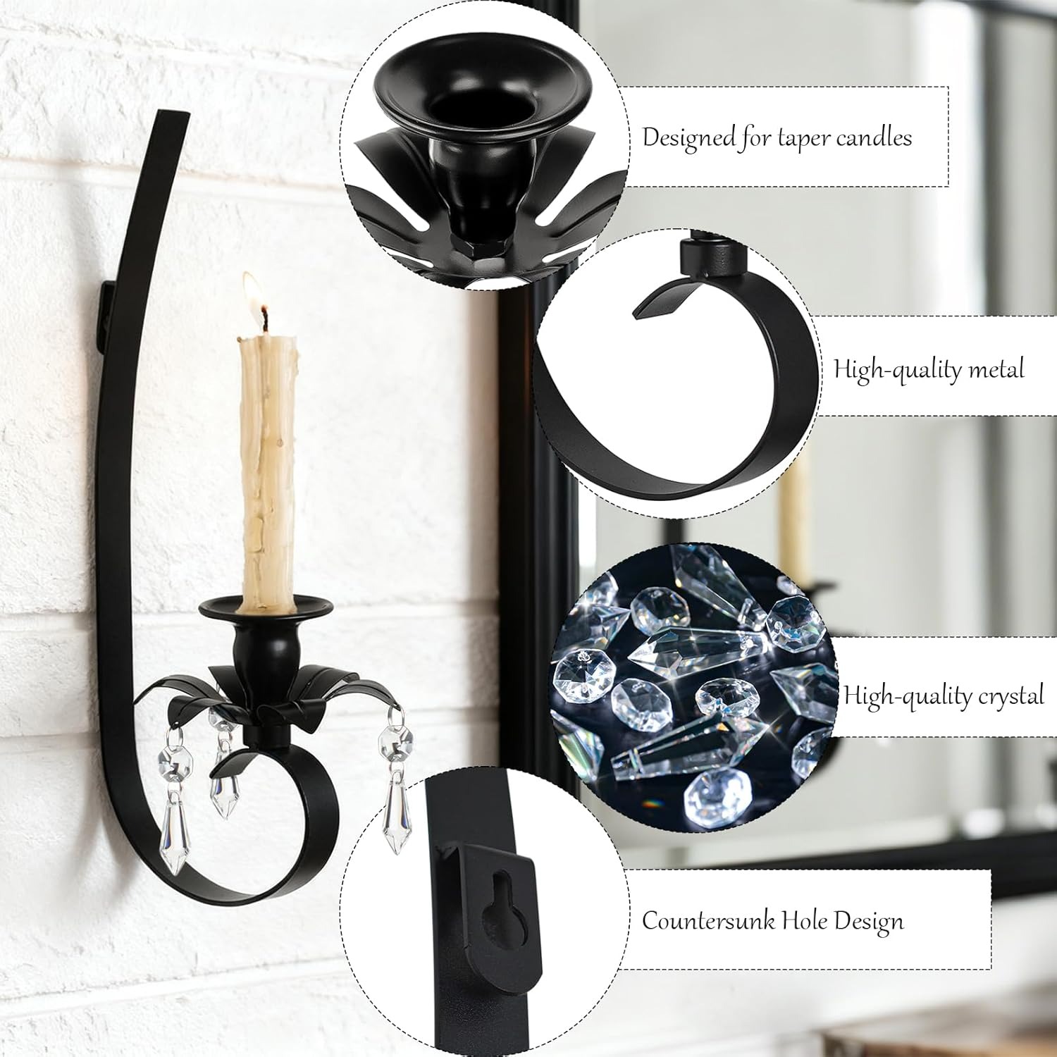 Black Metal Wall Candle Sconces with Crystal Pendant