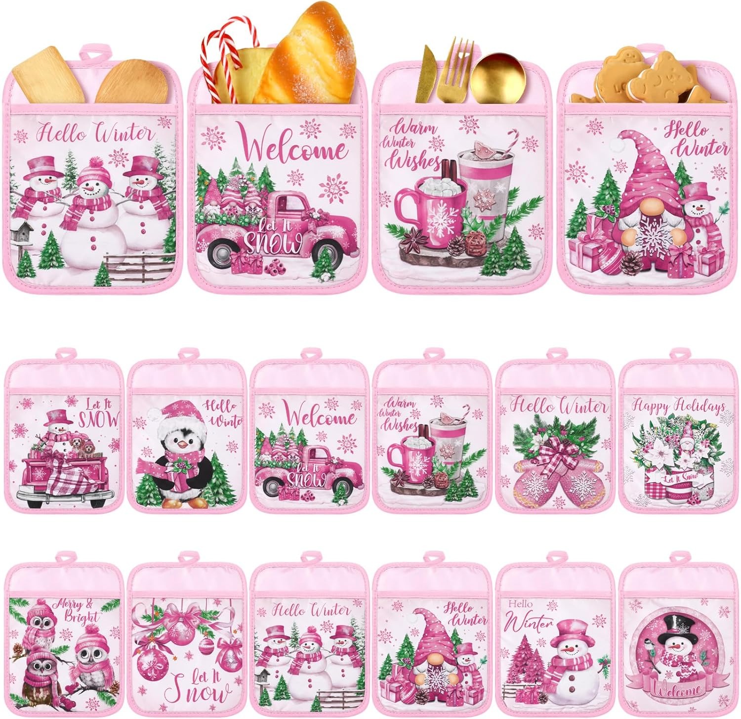 Christmas Pot Holders with Pocket Kitchen Winter Hot Pads Oven Mitts