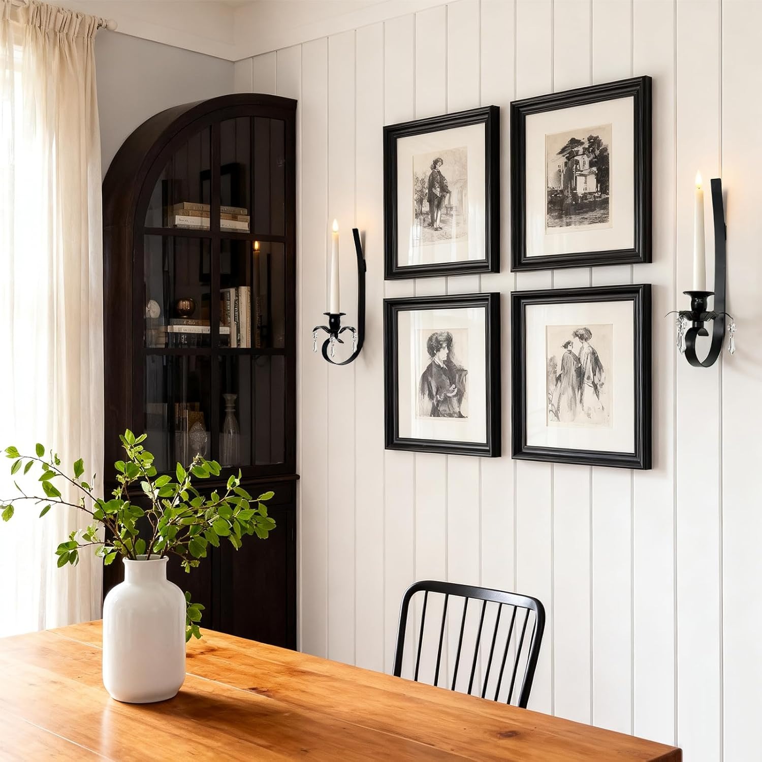 Black Metal Wall Candle Sconces with Crystal Pendant