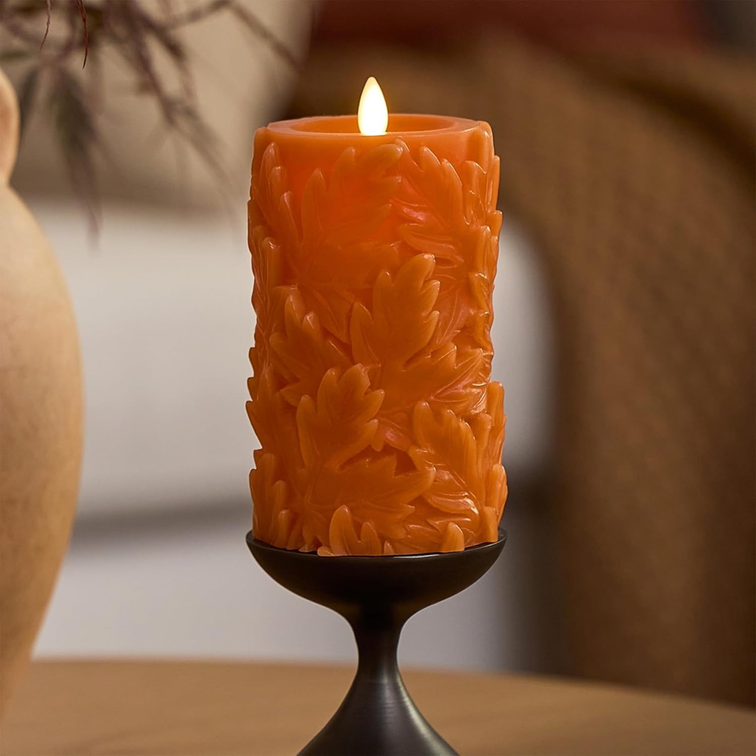 Embossed Leaves Flameless Pillar Marmalade Moving Flame LED Candle