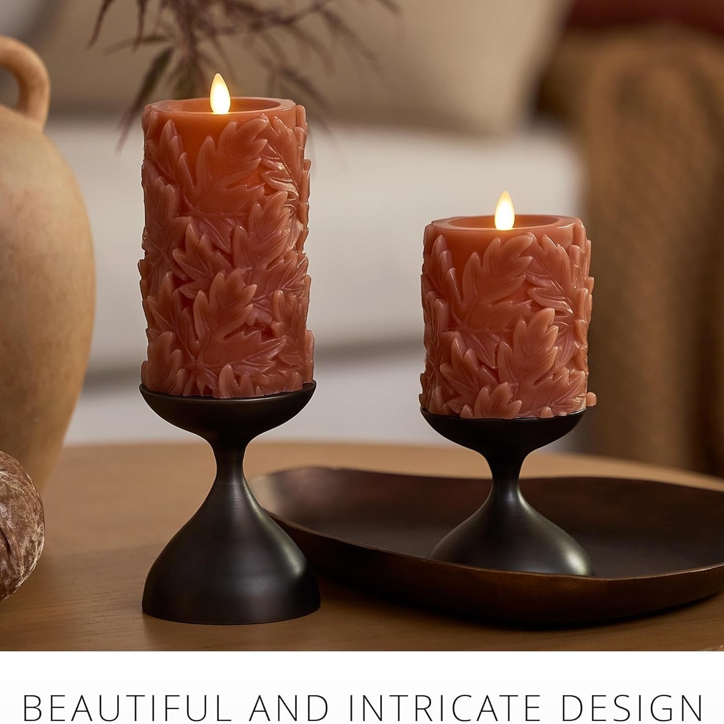 Embossed Leaves Flameless Pillar Caramel Café Moving Flame LED Candle