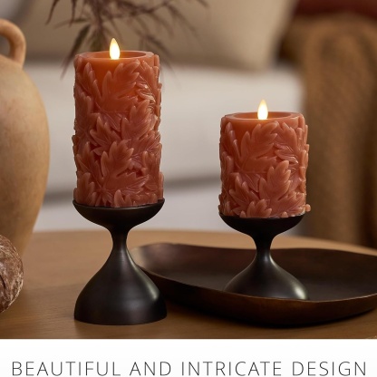Embossed Leaves Flameless Pillar Caramel Café Moving Flame LED Candle