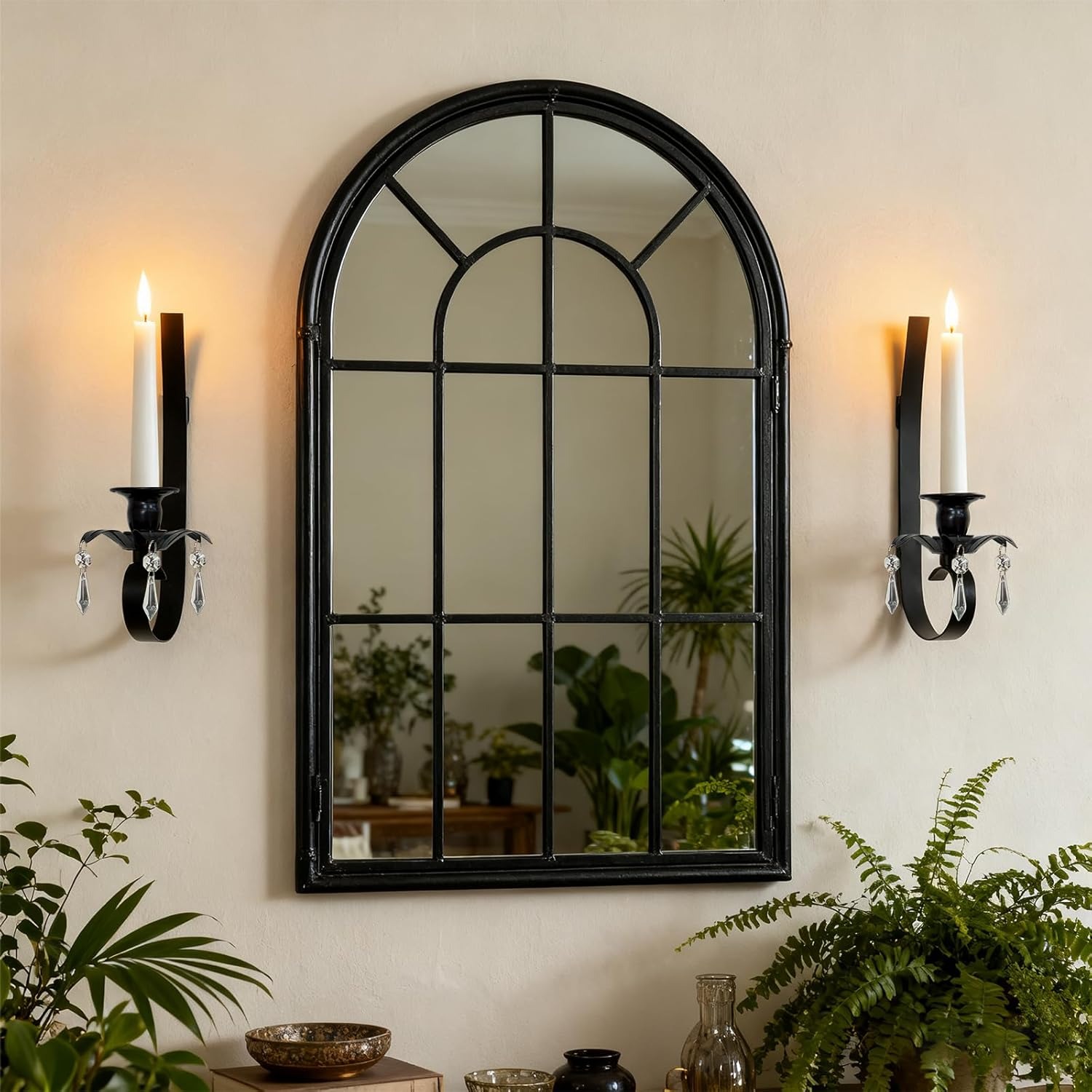 Black Metal Wall Candle Sconces with Crystal Pendant