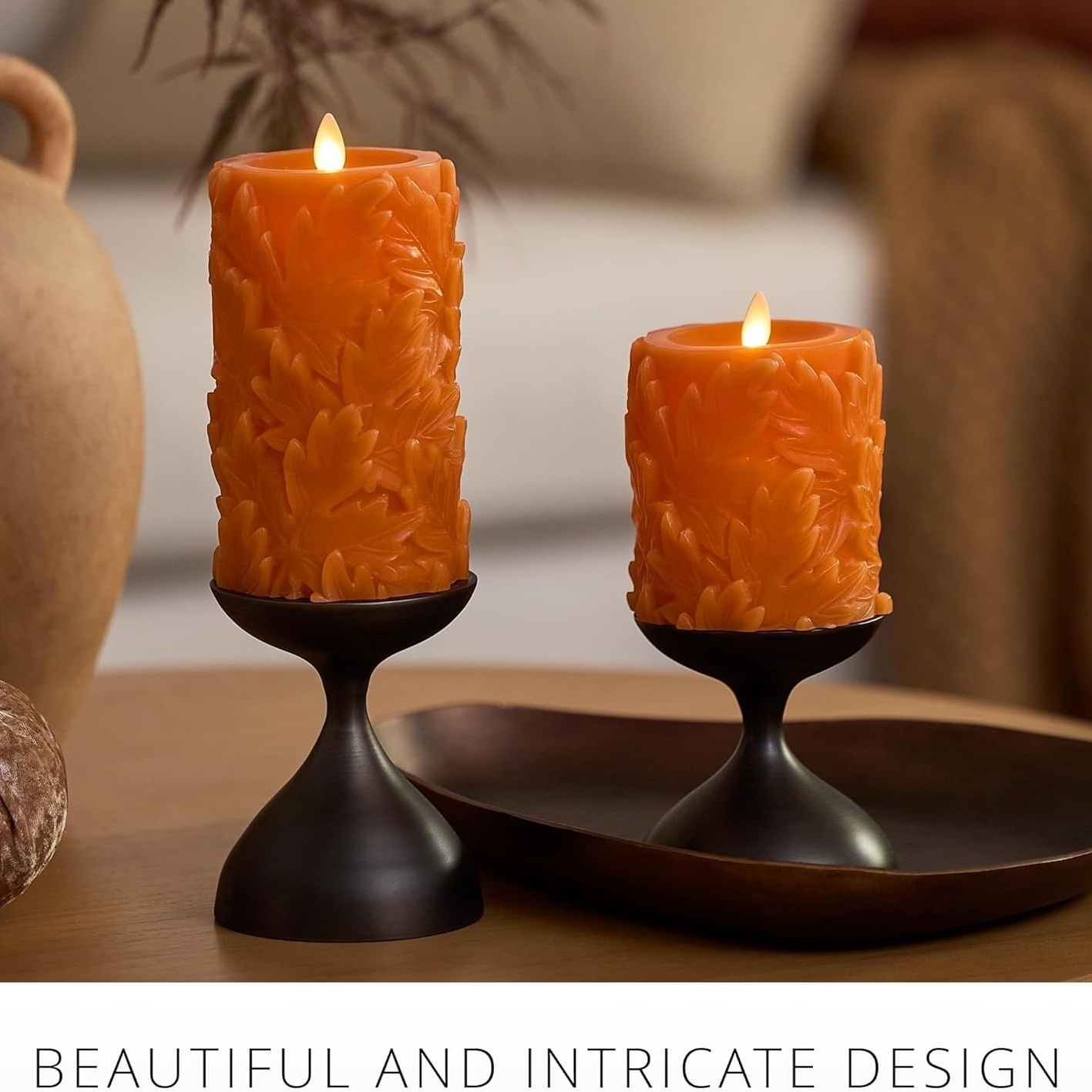 Embossed Leaves Flameless Pillar Marmalade Moving Flame LED Candle
