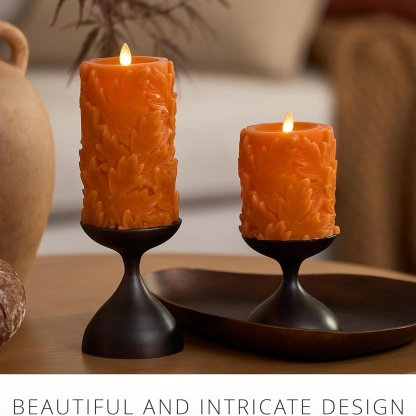 Embossed Leaves Flameless Pillar Marmalade Moving Flame LED Candle