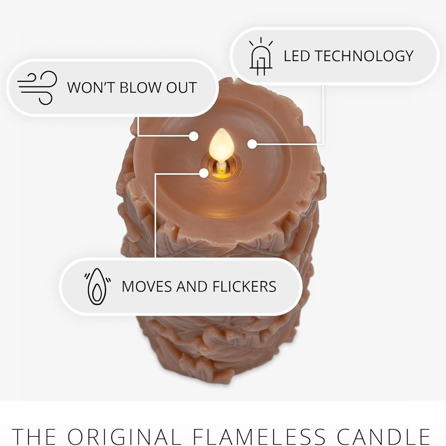 Embossed Leaves Flameless Pillar Caramel Café Moving Flame LED Candle