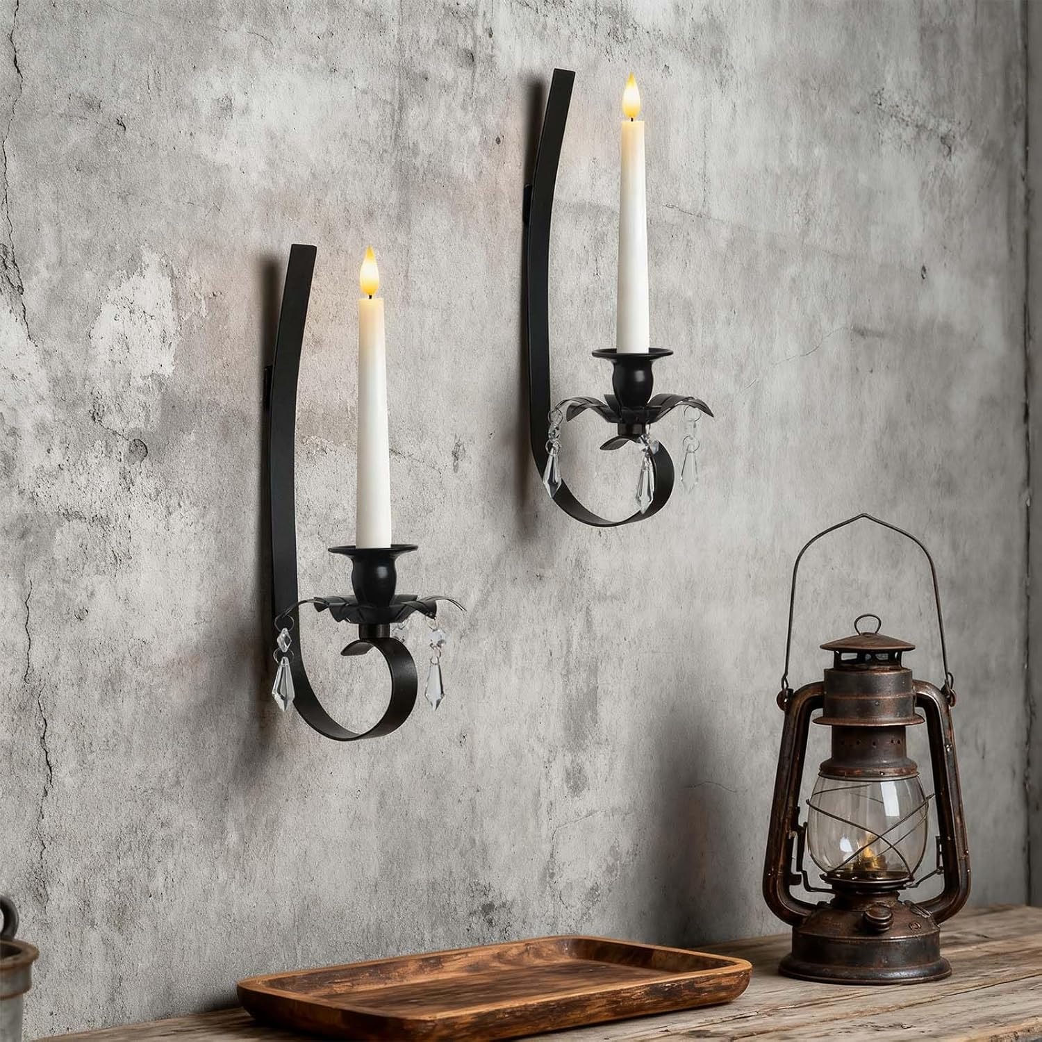 Black Metal Wall Candle Sconces with Crystal Pendant