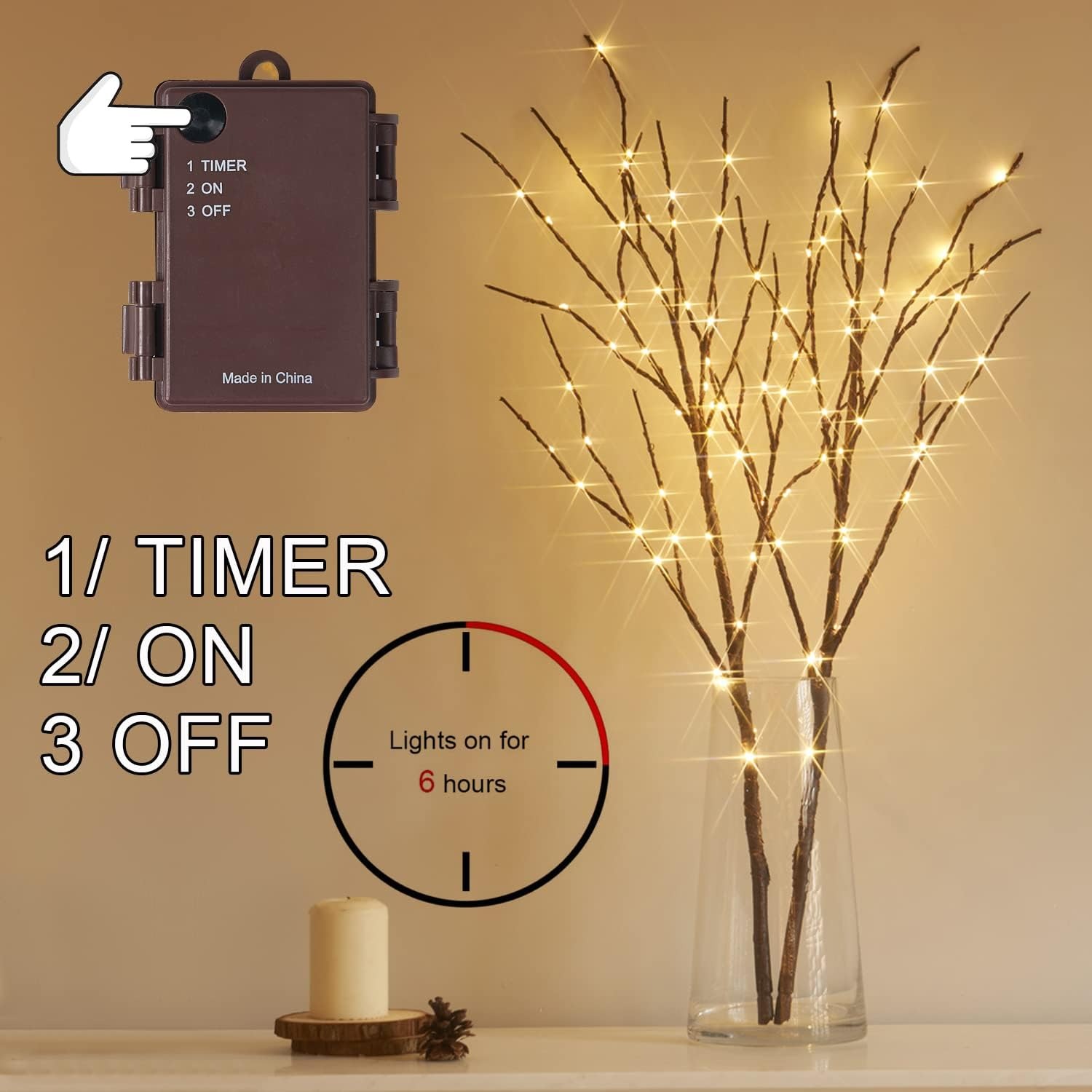 Lighted Brown Branches with Timer 32 in 100 LED for Christmas Holiday Party Decor