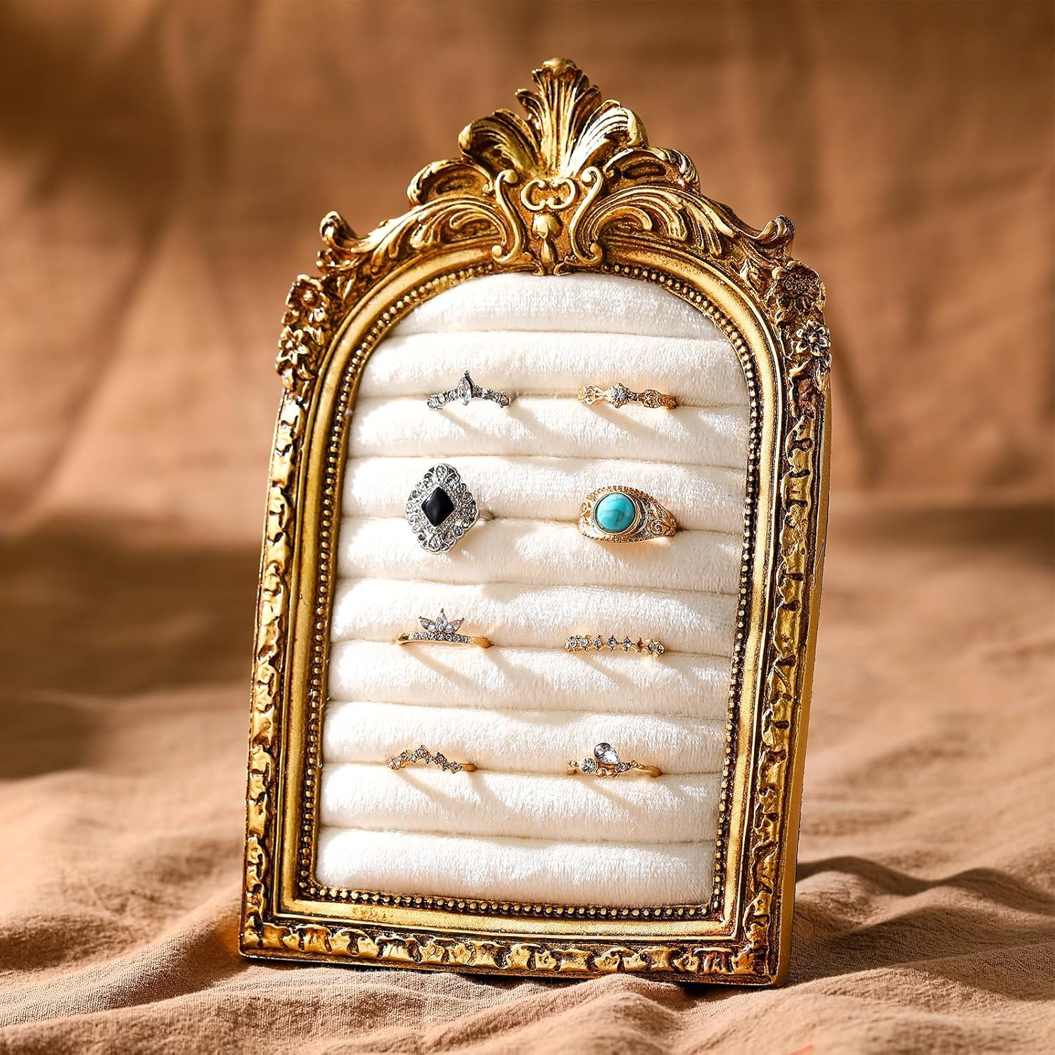 Vintage Ring Holder Arch – Antique Gold Suede Jewelry Display Frame