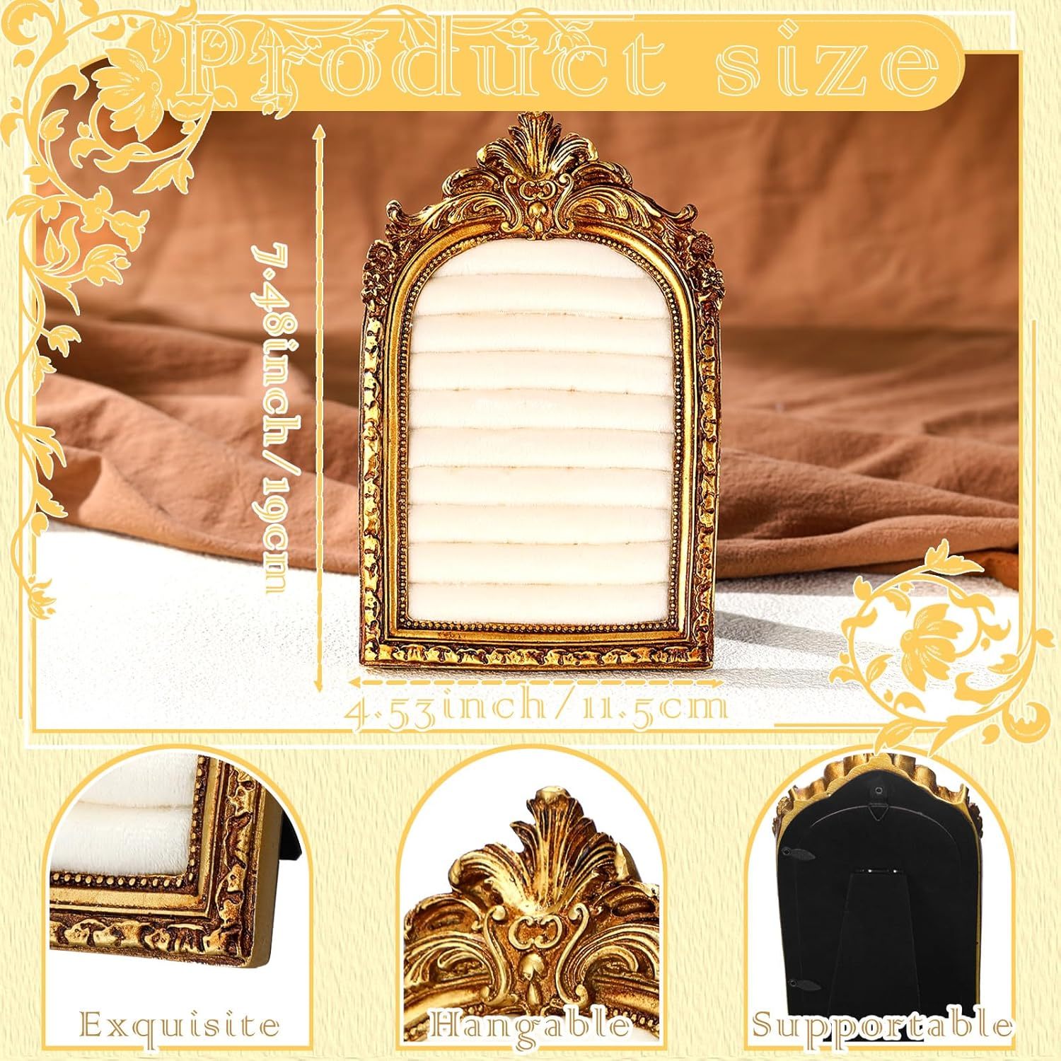 Vintage Ring Holder Arch – Antique Gold Suede Jewelry Display Frame