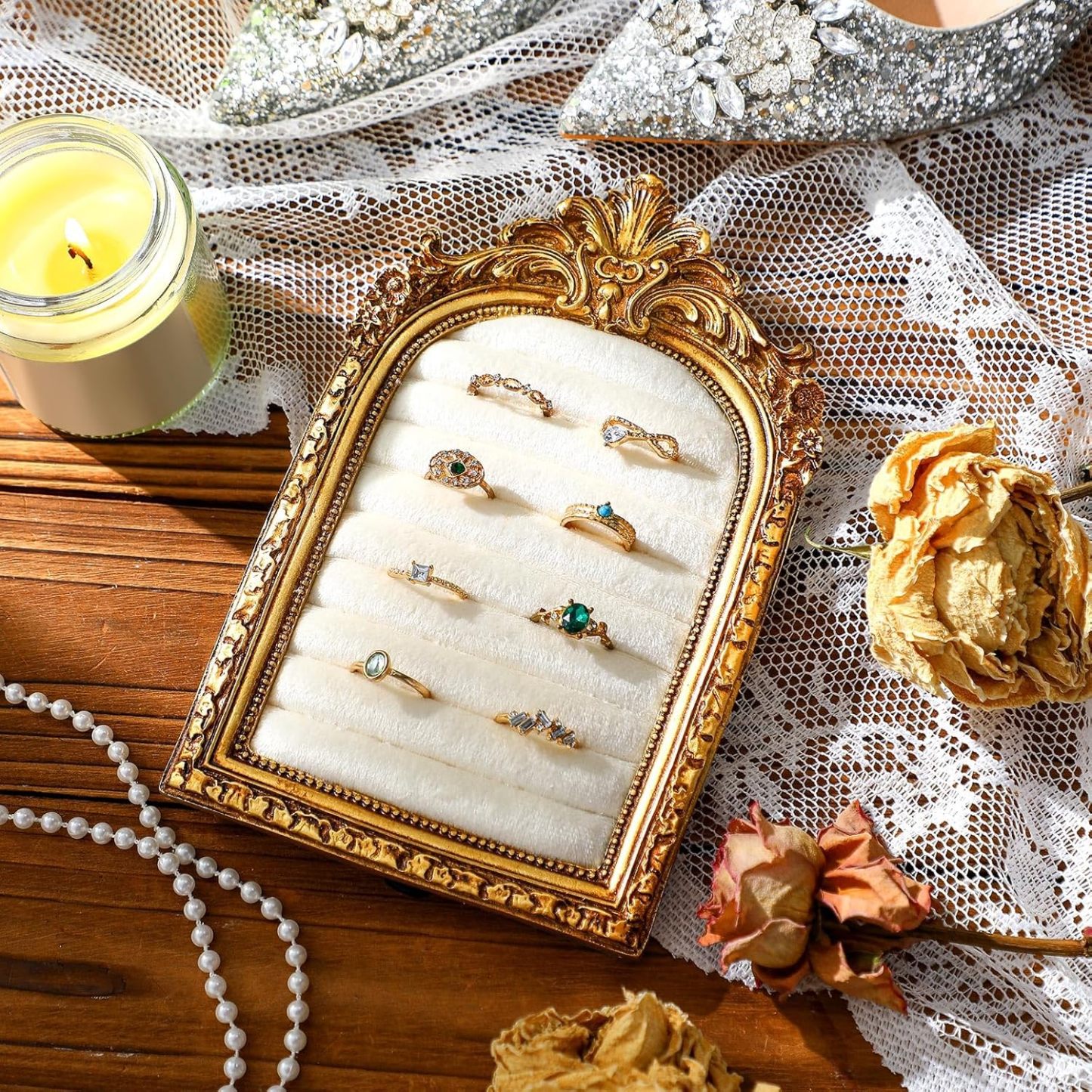 Vintage Ring Holder Arch – Antique Gold Suede Jewelry Display Frame