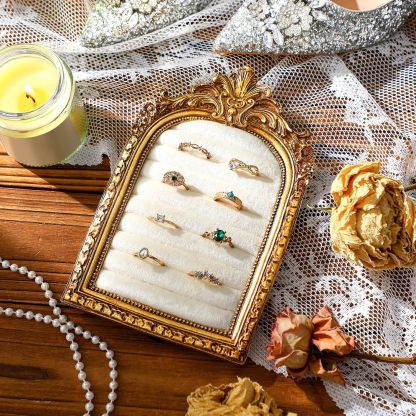 Vintage Ring Holder Arch – Antique Gold Suede Jewelry Display Frame