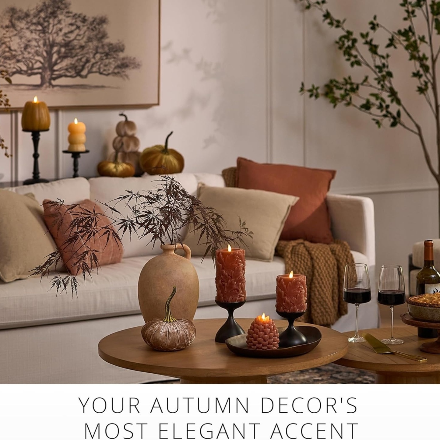 Embossed Leaves Flameless Pillar Marmalade Moving Flame LED Candle