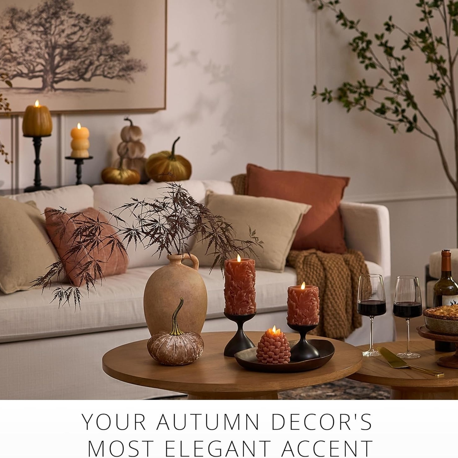 Embossed Leaves Flameless Pillar Marmalade Moving Flame LED Candle