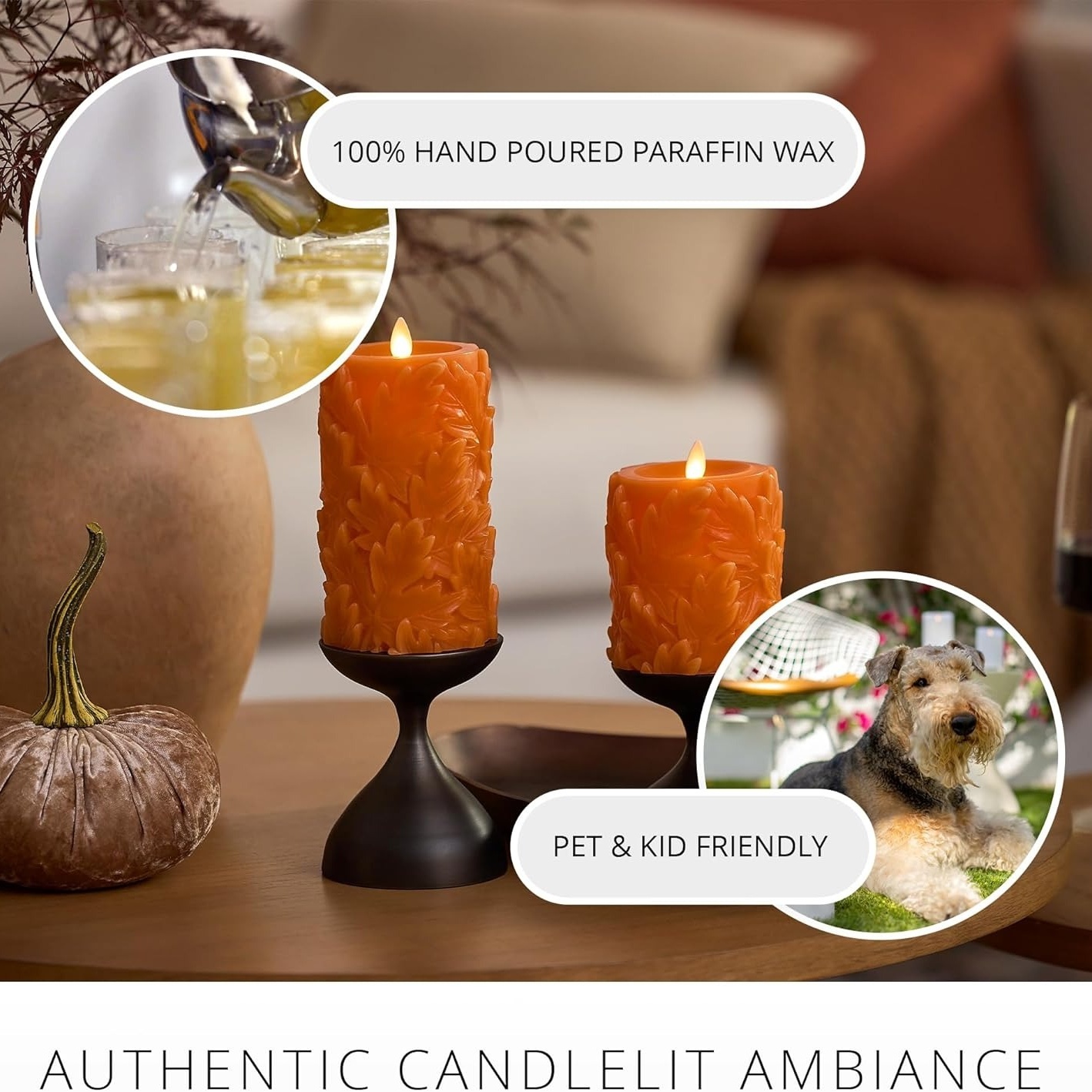 Embossed Leaves Flameless Pillar Marmalade Moving Flame LED Candle