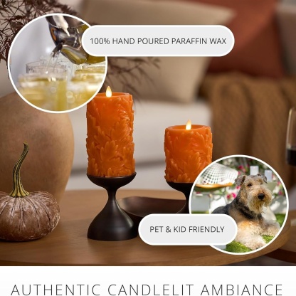 Embossed Leaves Flameless Pillar Marmalade Moving Flame LED Candle