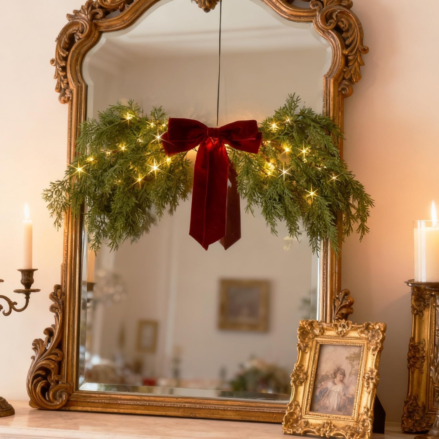 Lighted Cedar Pine Swag with Velvet Bow, Battery Operated with Timer 60 LED Fairy Lights