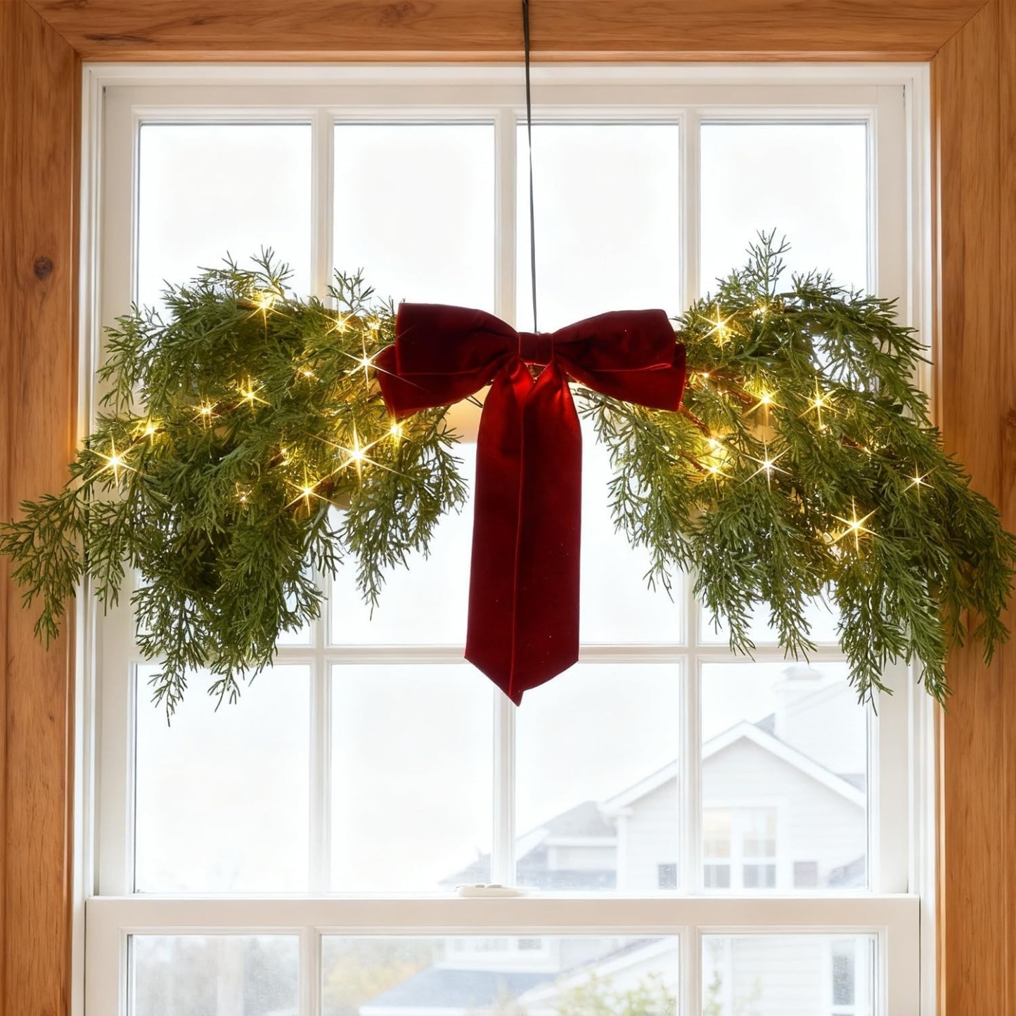 Lighted Cedar Pine Swag with Velvet Bow, Battery Operated with Timer 60 LED Fairy Lights