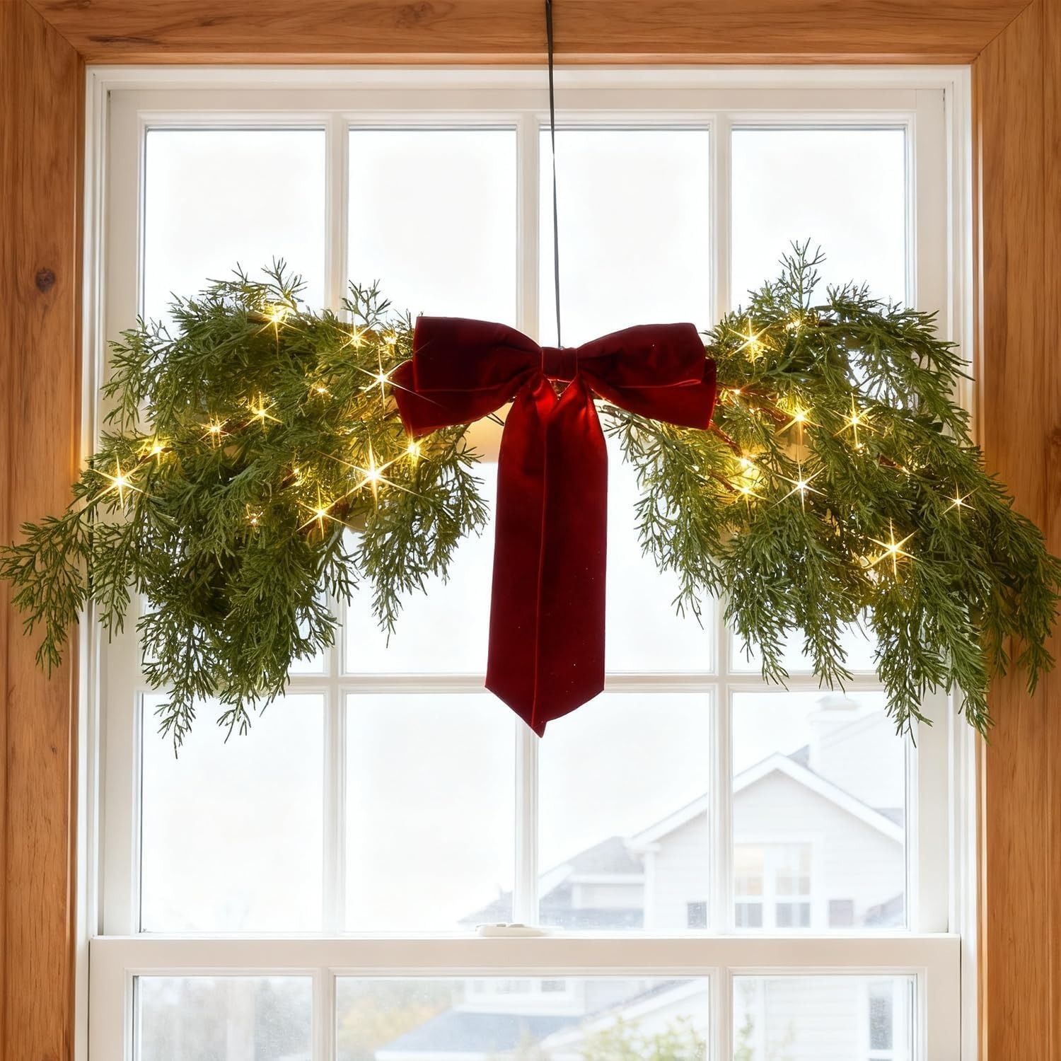 Lighted Cedar Pine Swag with Velvet Bow, Battery Operated with Timer 60 LED Fairy Lights