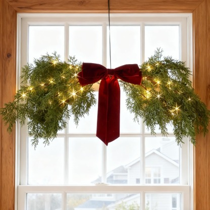 Lighted Cedar Pine Swag with Velvet Bow, Battery Operated with Timer 60 LED Fairy Lights