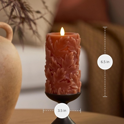 Embossed Leaves Flameless Pillar Caramel Café Moving Flame LED Candle