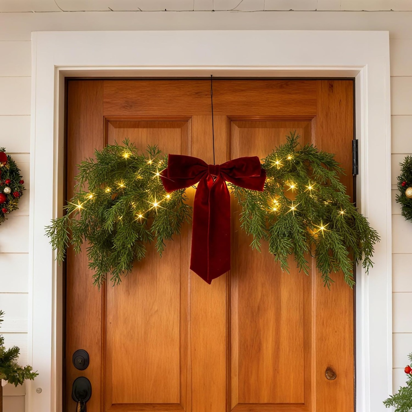 Lighted Cedar Pine Swag with Velvet Bow, Battery Operated with Timer 60 LED Fairy Lights
