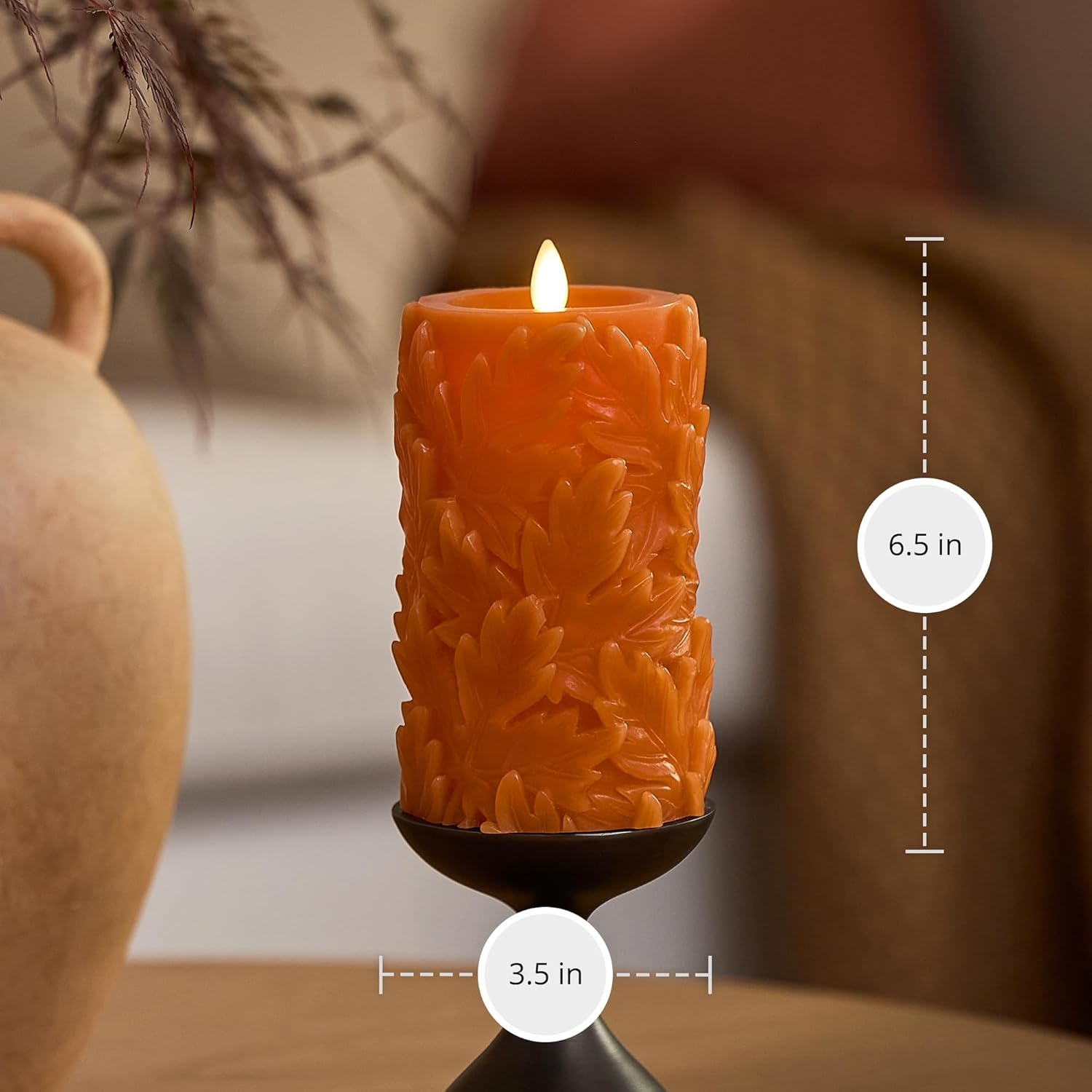 Embossed Leaves Flameless Pillar Marmalade Moving Flame LED Candle