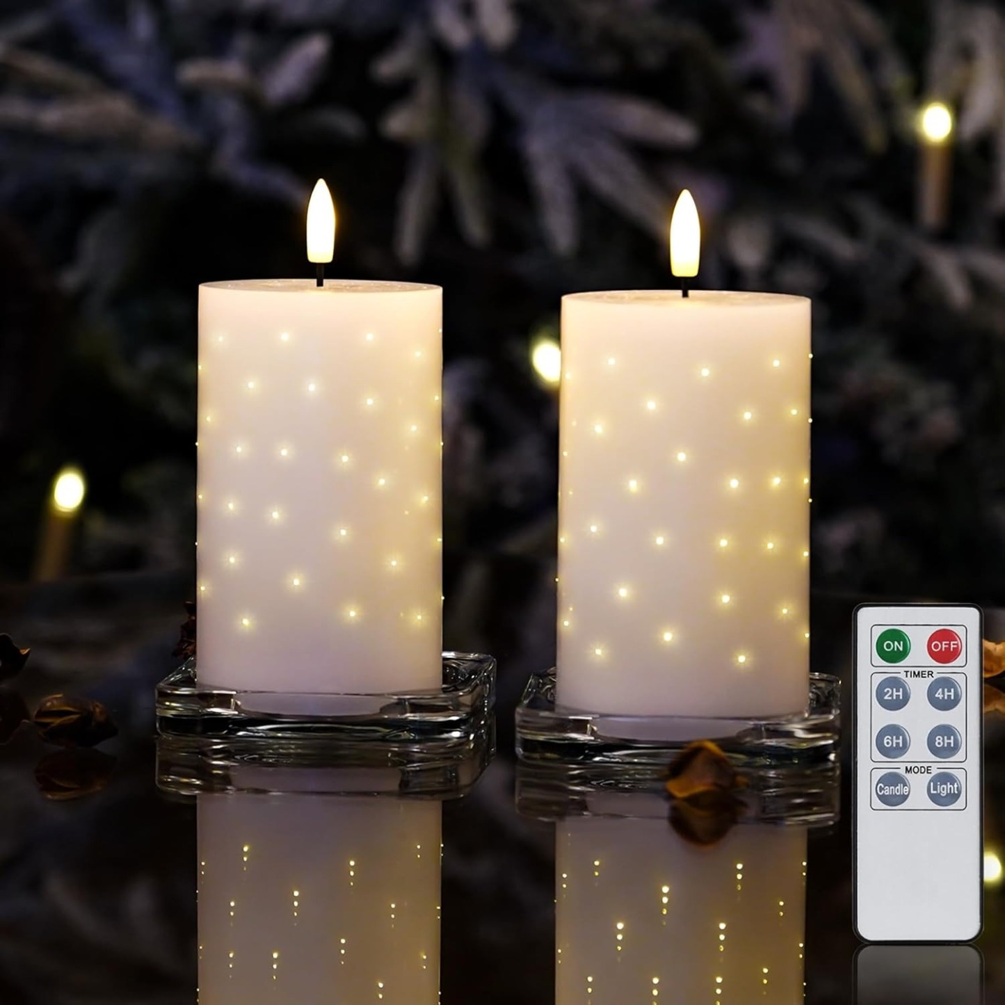 White Real Wax LED Candles with Twinkle Fiber Optic Lights