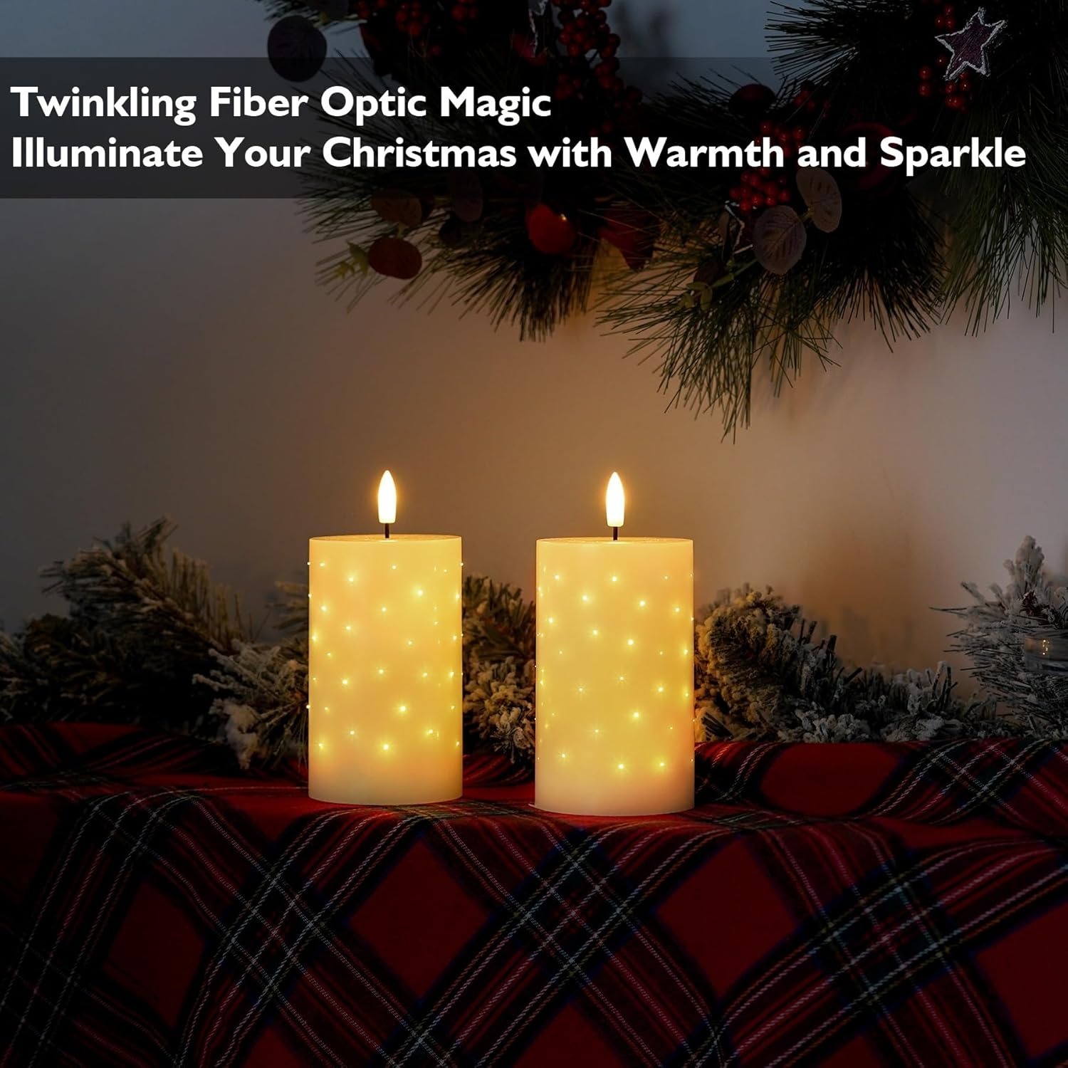 White Real Wax LED Candles with Twinkle Fiber Optic Lights