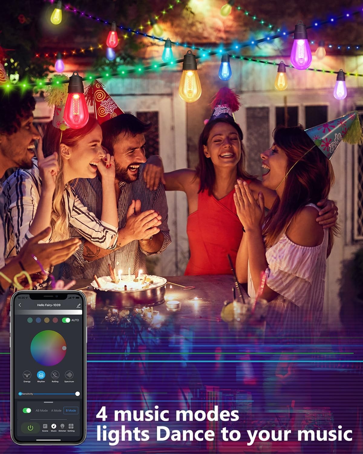 46ft Smart S14 Christmas String Lights, Waterproof Shatterproof Bluetooth APP Remote Control Dimmable