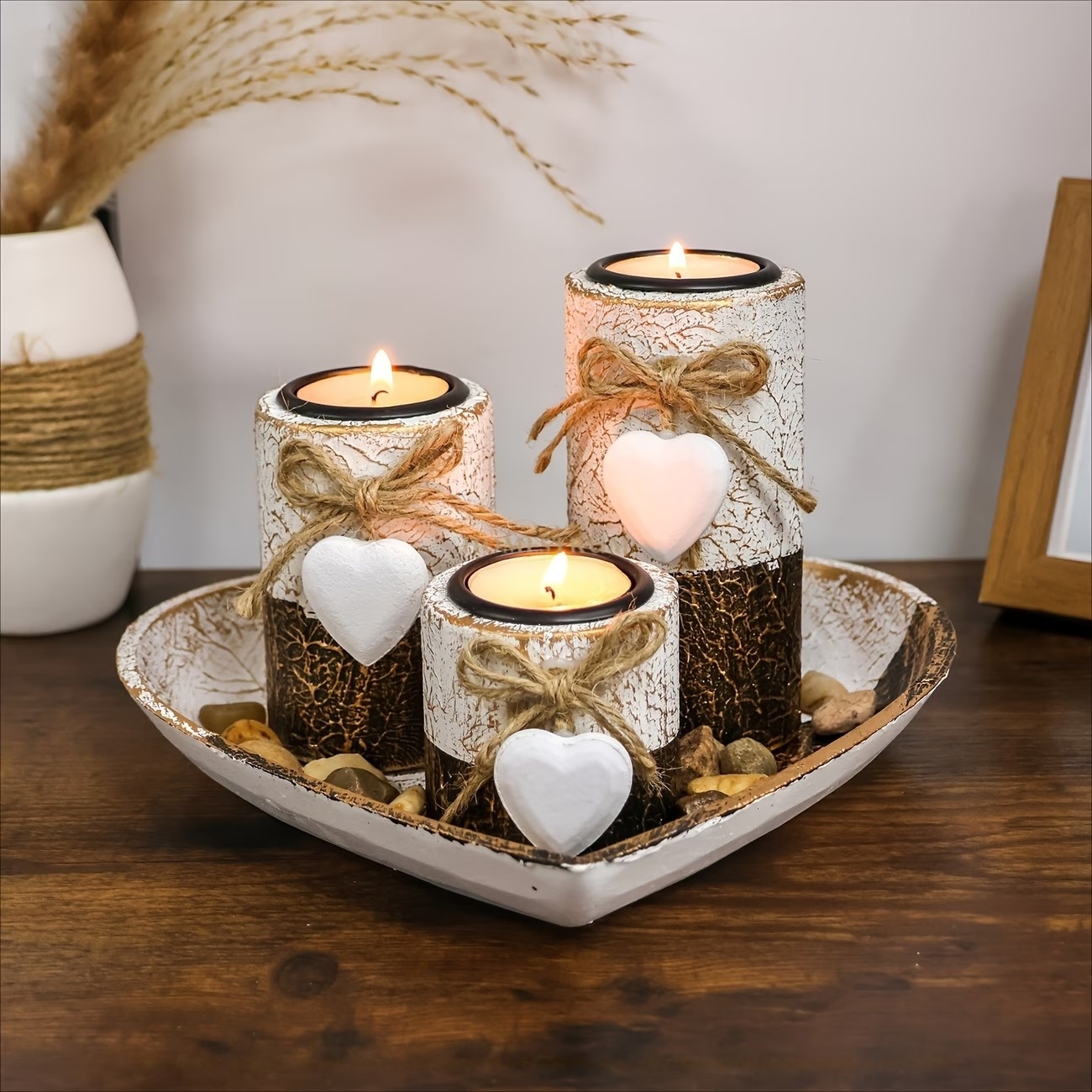 Complete Wooden Heart Candlestick Set